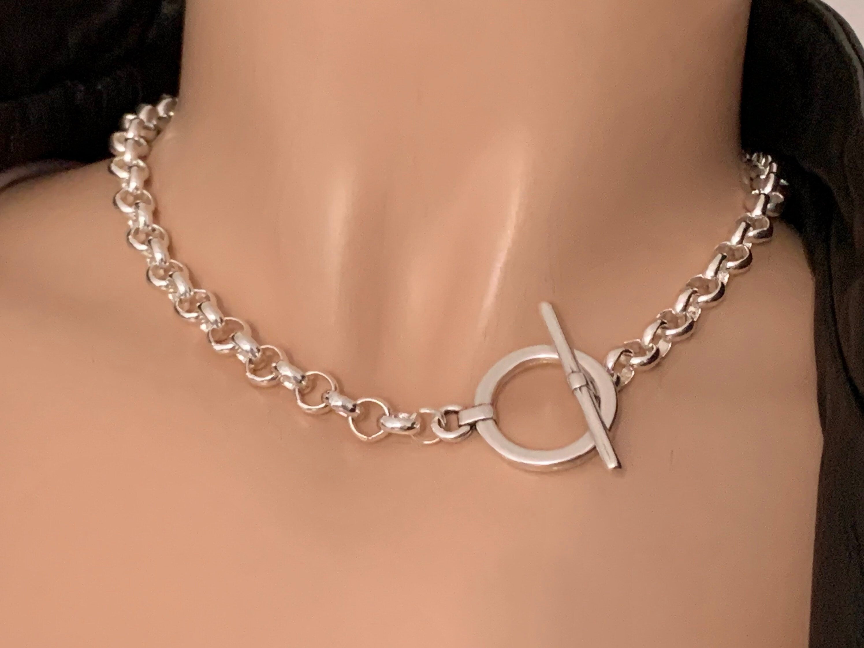 chunky silver chain necklace for women, silver chain toggle necklace, simple chain choker, bold chain necklace, 50 style necklace, gift