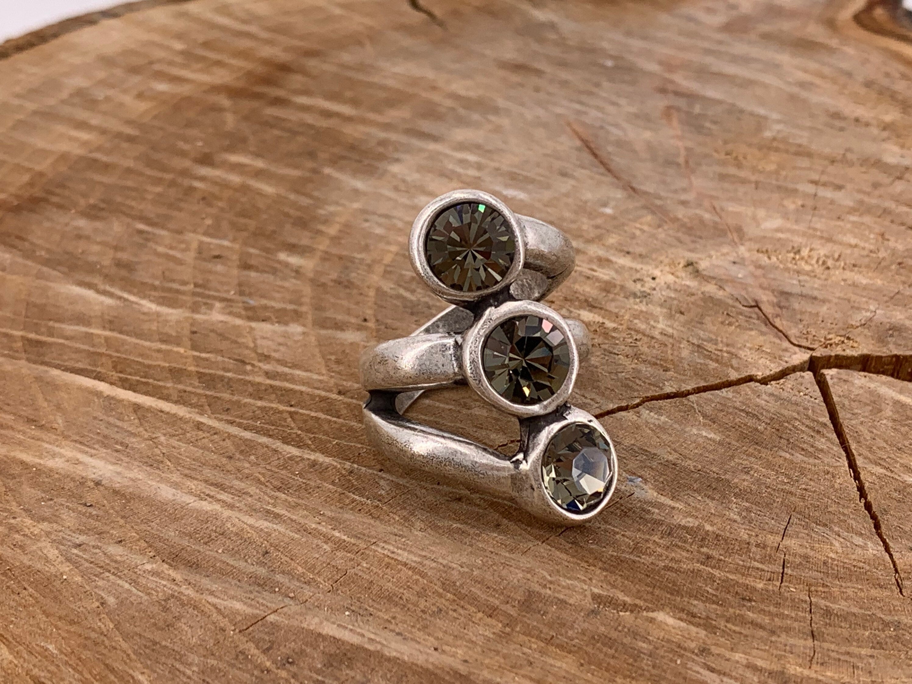Voluminous ring, Swarovski ring, crystal ring, chunky oversized ring, silver wide ring, bold ring, uno de 50 style, silver antique ring
