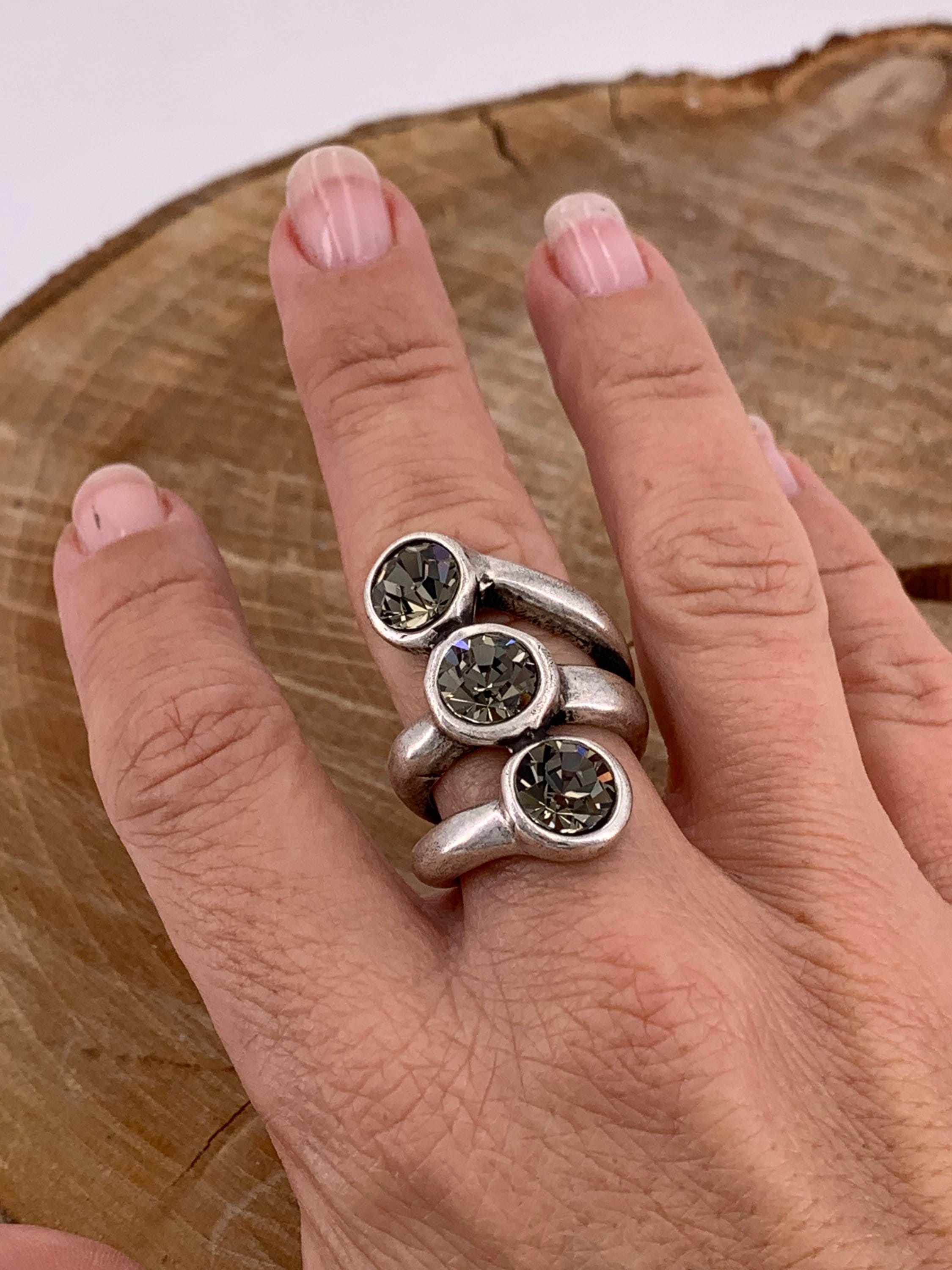Voluminous ring, Swarovski ring, crystal ring, chunky oversized ring, silver wide ring, bold ring, uno de 50 style, silver antique ring