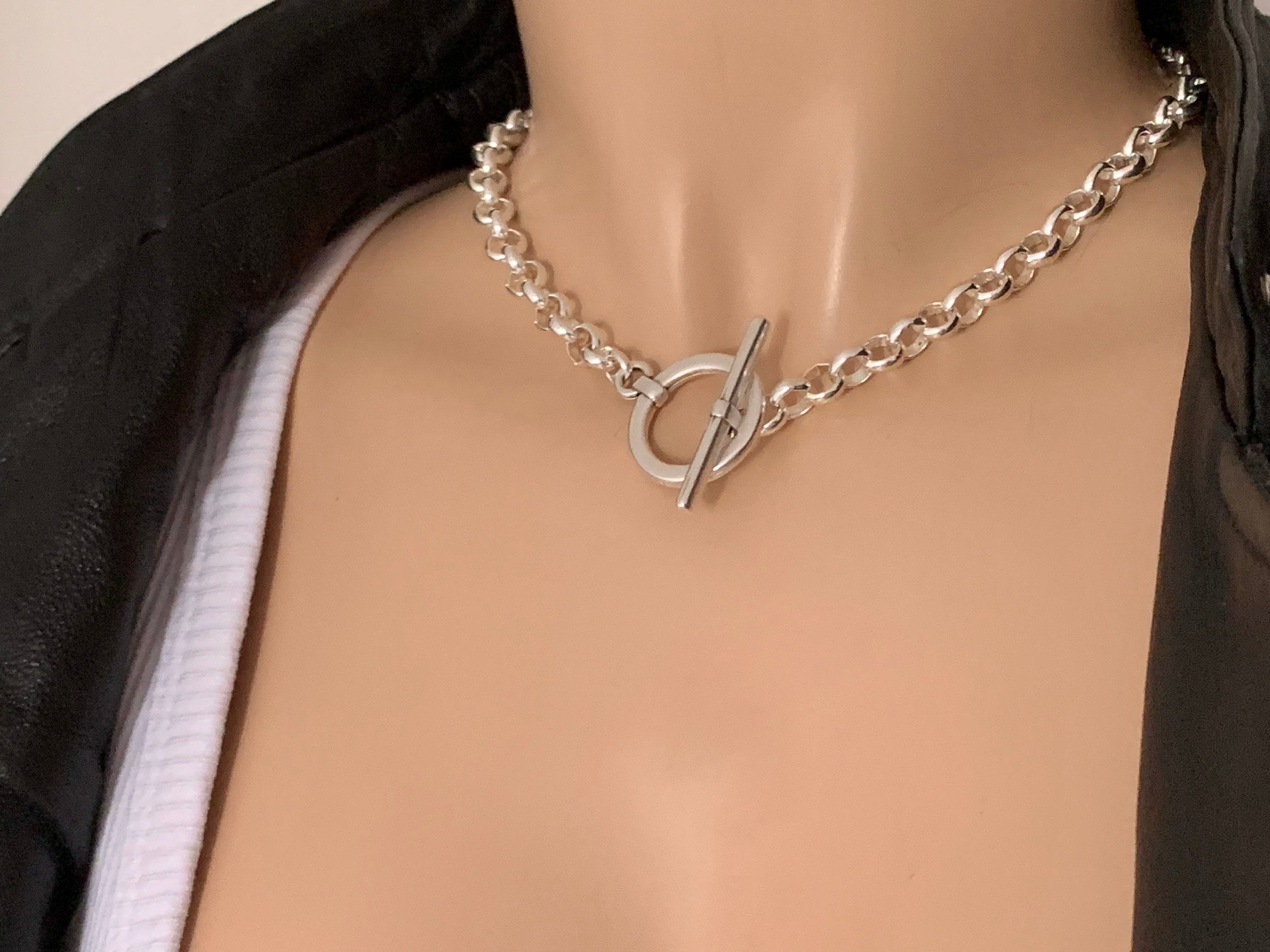 chunky silver chain necklace for women, silver chain toggle necklace, simple chain choker, bold chain necklace, 50 style necklace, gift