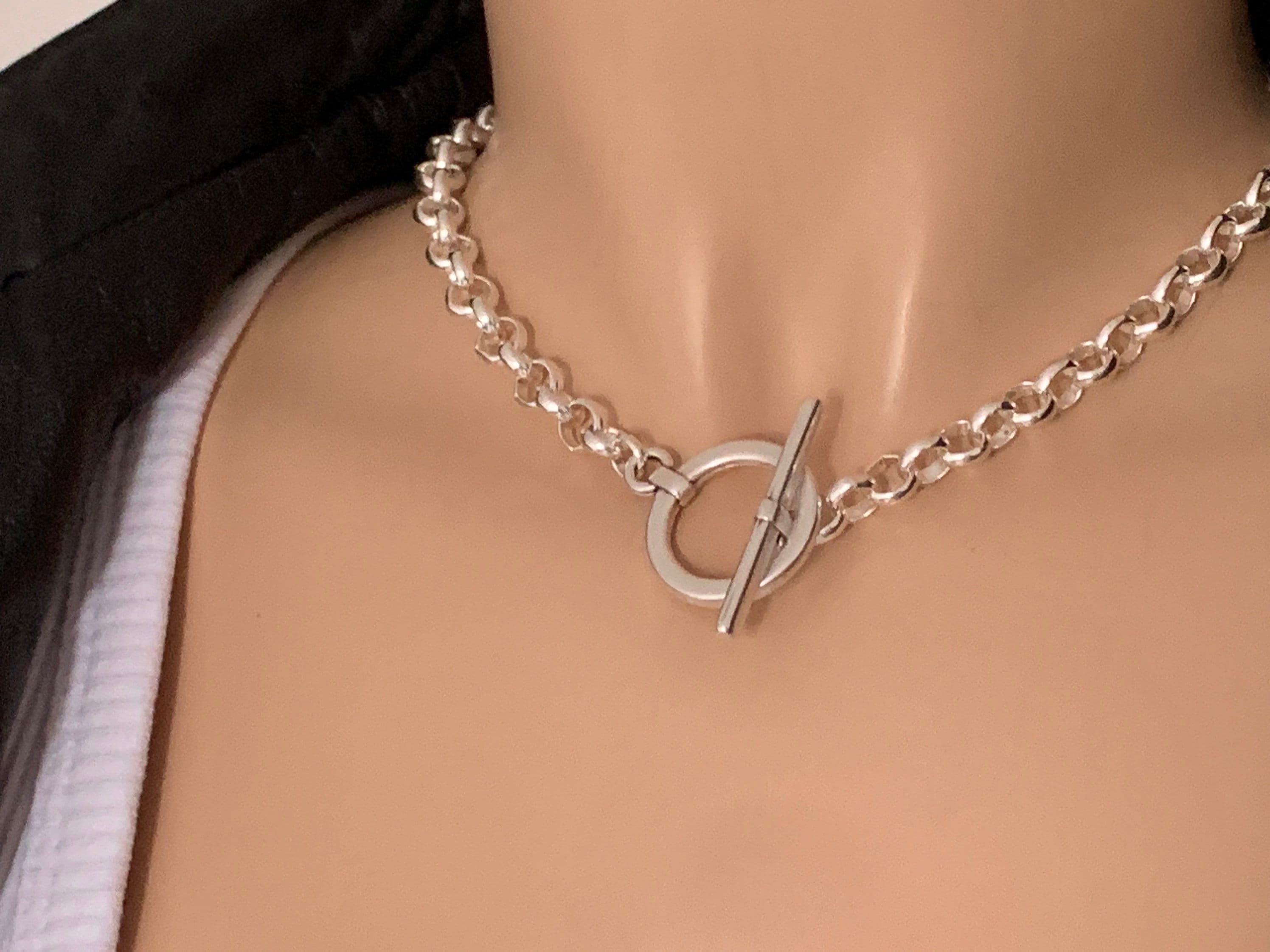 chunky silver chain necklace for women, silver chain toggle necklace, simple chain choker, bold chain necklace, 50 style necklace, gift