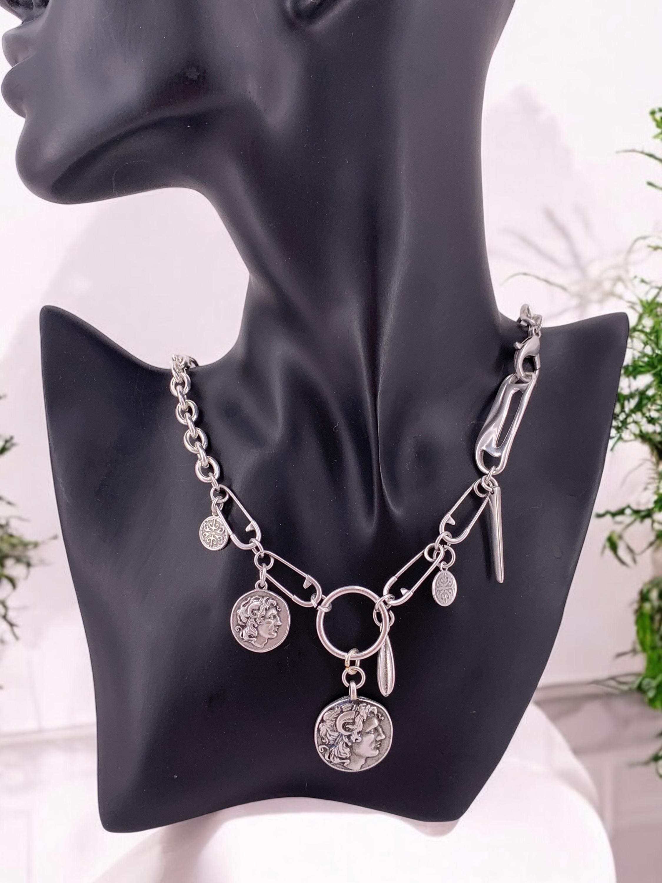 Chunky silver necklace whit charm and Greek coin pendant, original chain necklace, extravagant chain necklace, silver original necklace,