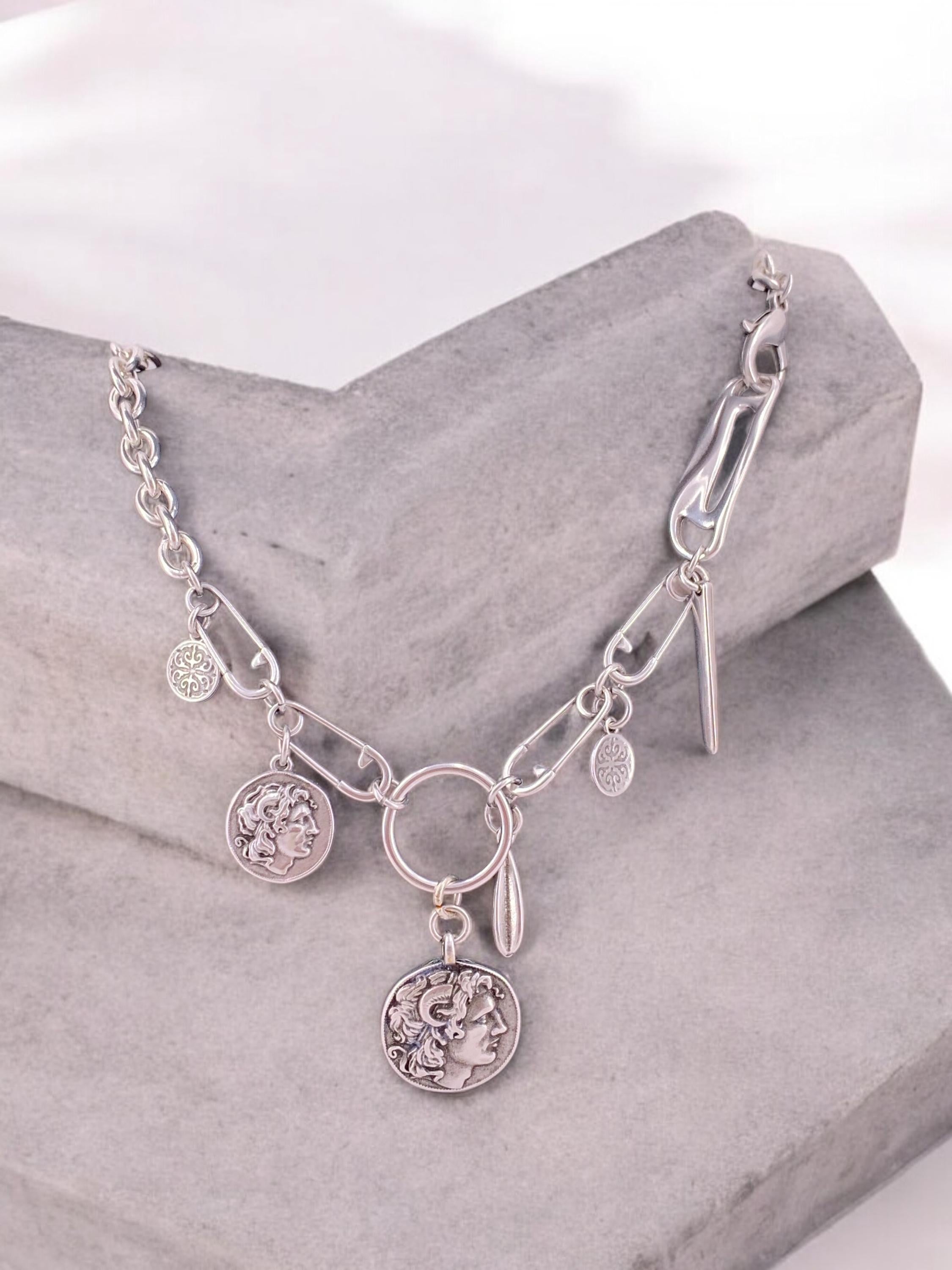 Chunky silver necklace whit charm and Greek coin pendant, original chain necklace, extravagant chain necklace, silver original necklace,