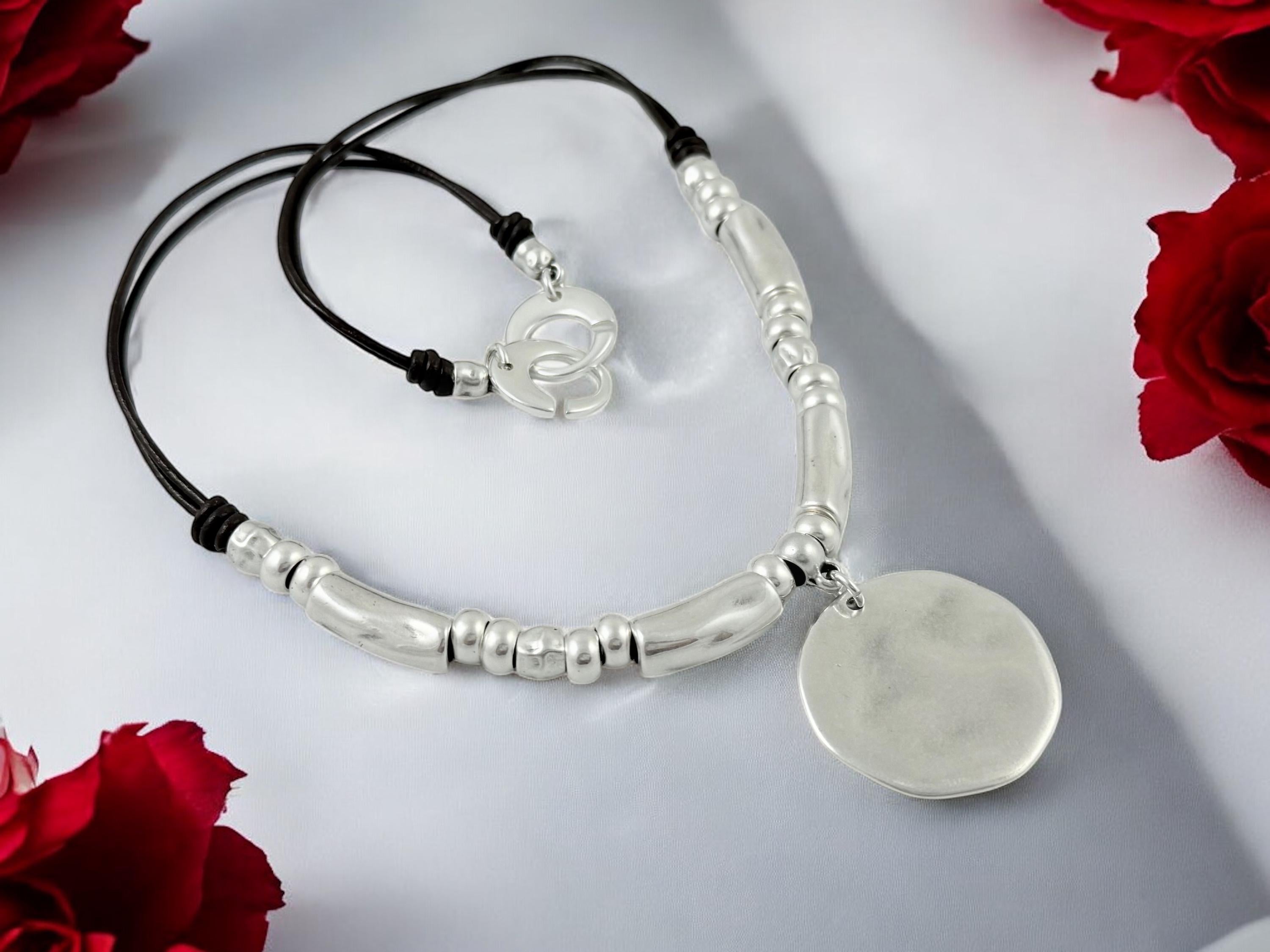 Chunky silver necklace, women necklace, disc pendant necklace, bohemian necklace, leather necklace, bold silver necklace, gift for her,