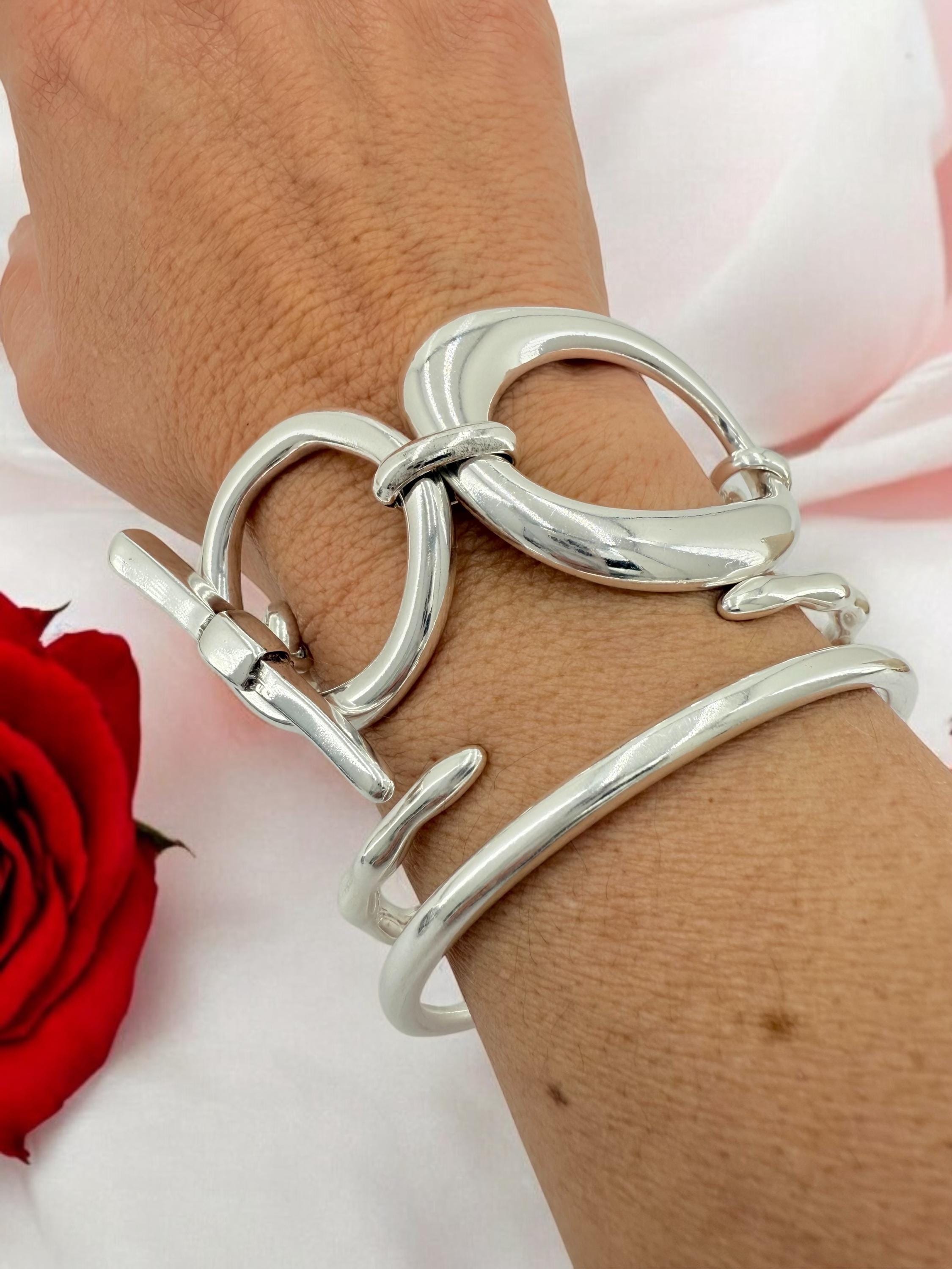 Chunky silver toggle clasp oversized bracelet, bold rock style cuff,  industrial jewelry
