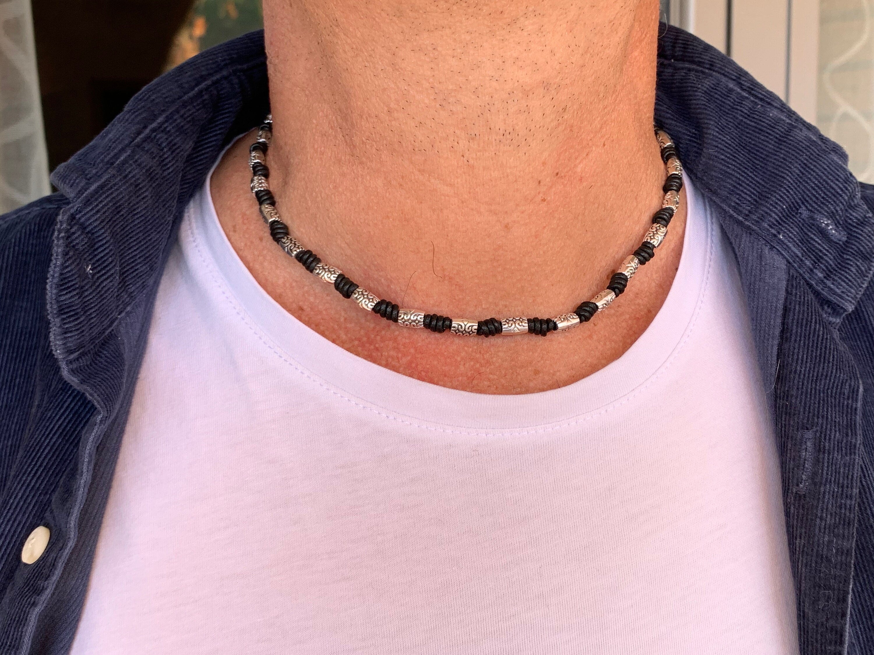 Leather necklace for men, handmade beaded leather necklace, knotted necklace for men, gift for men, bohemian necklace, tribal men necklace