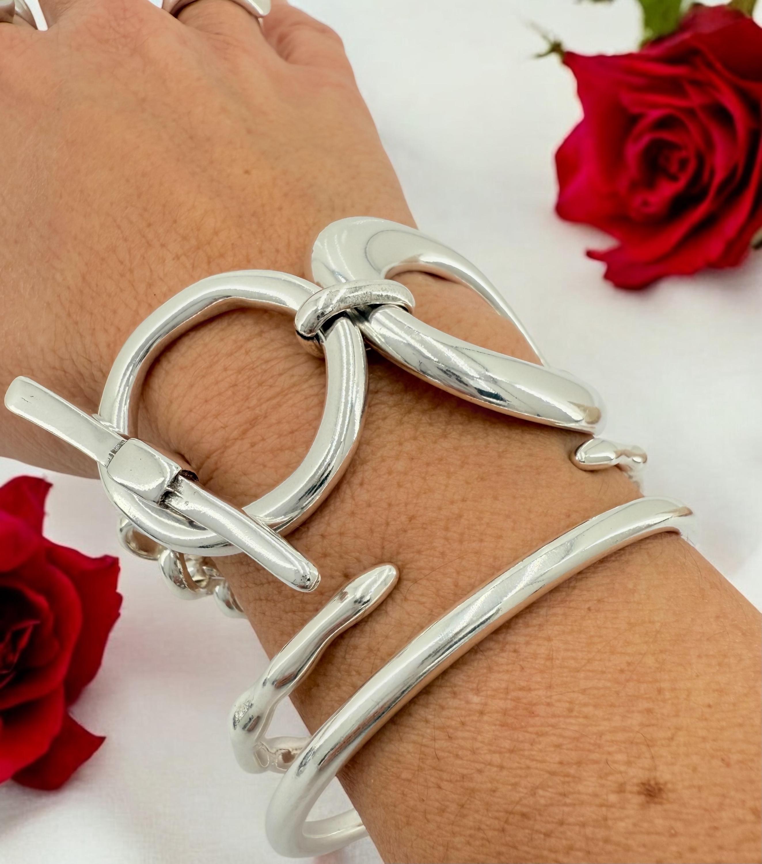 Chunky silver toggle clasp oversized bracelet, bold rock style cuff,  industrial jewelry