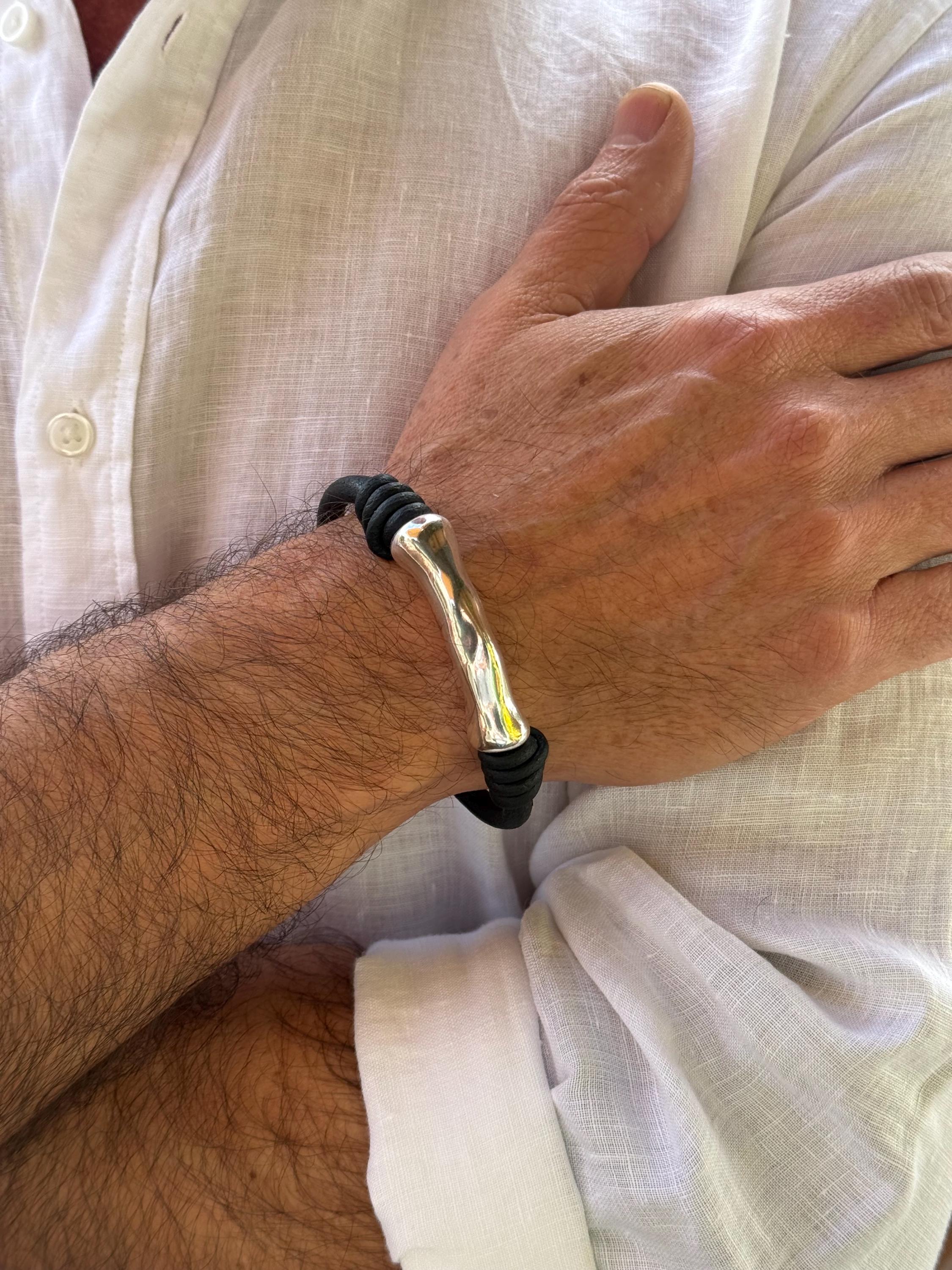leather bracelet for men, silver masculine bracelet, bohemian bracelet, hippie bracelet, men gift, chunky silver tube leather bracelet,