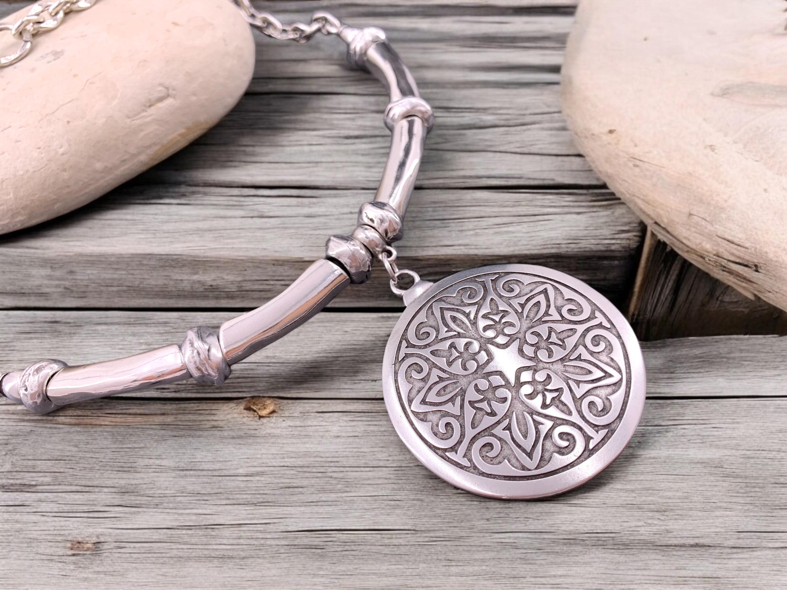 Chunky pendant necklace with big statement tribal circle, heavyweight necklace, voluminous necklace, bold silver chain necklace, gift