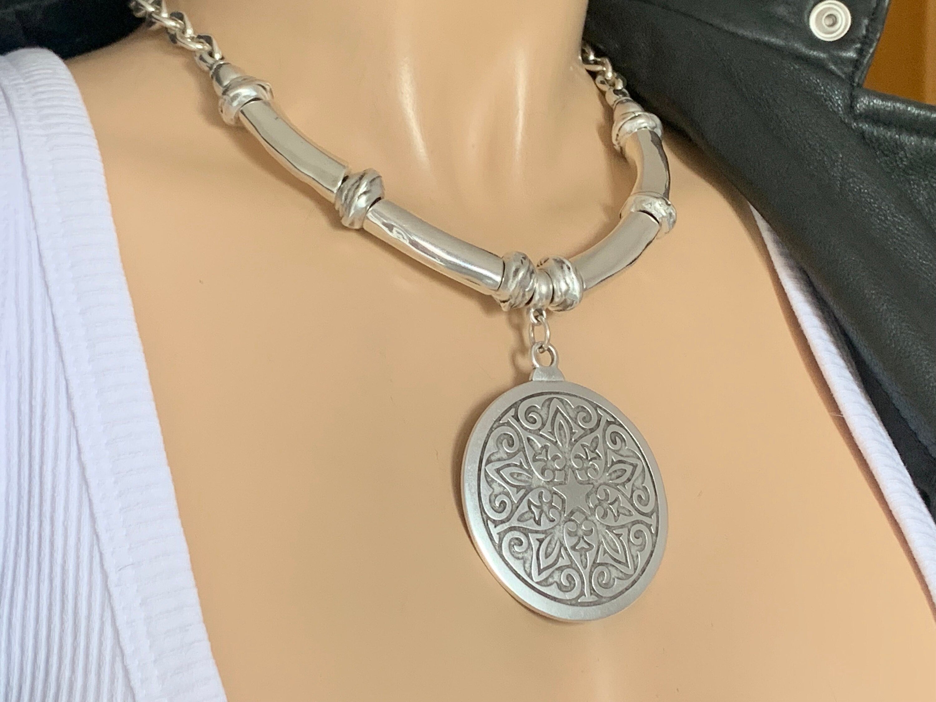 Chunky pendant necklace with big statement tribal circle, heavyweight necklace, voluminous necklace, bold silver chain necklace, gift