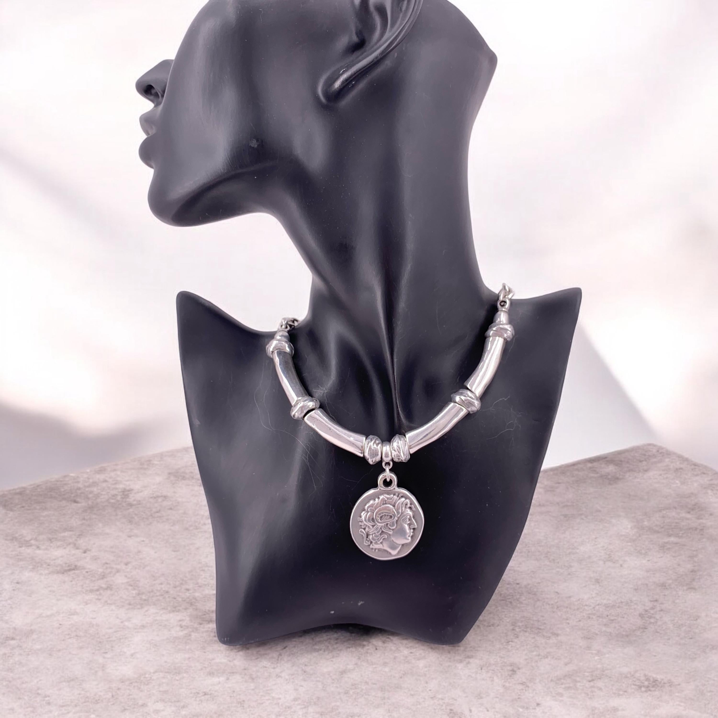 Greek coin pendant chunky silver heavy chain necklace, statement coin pendant chunky silver necklace, solid necklace, chunky necklace