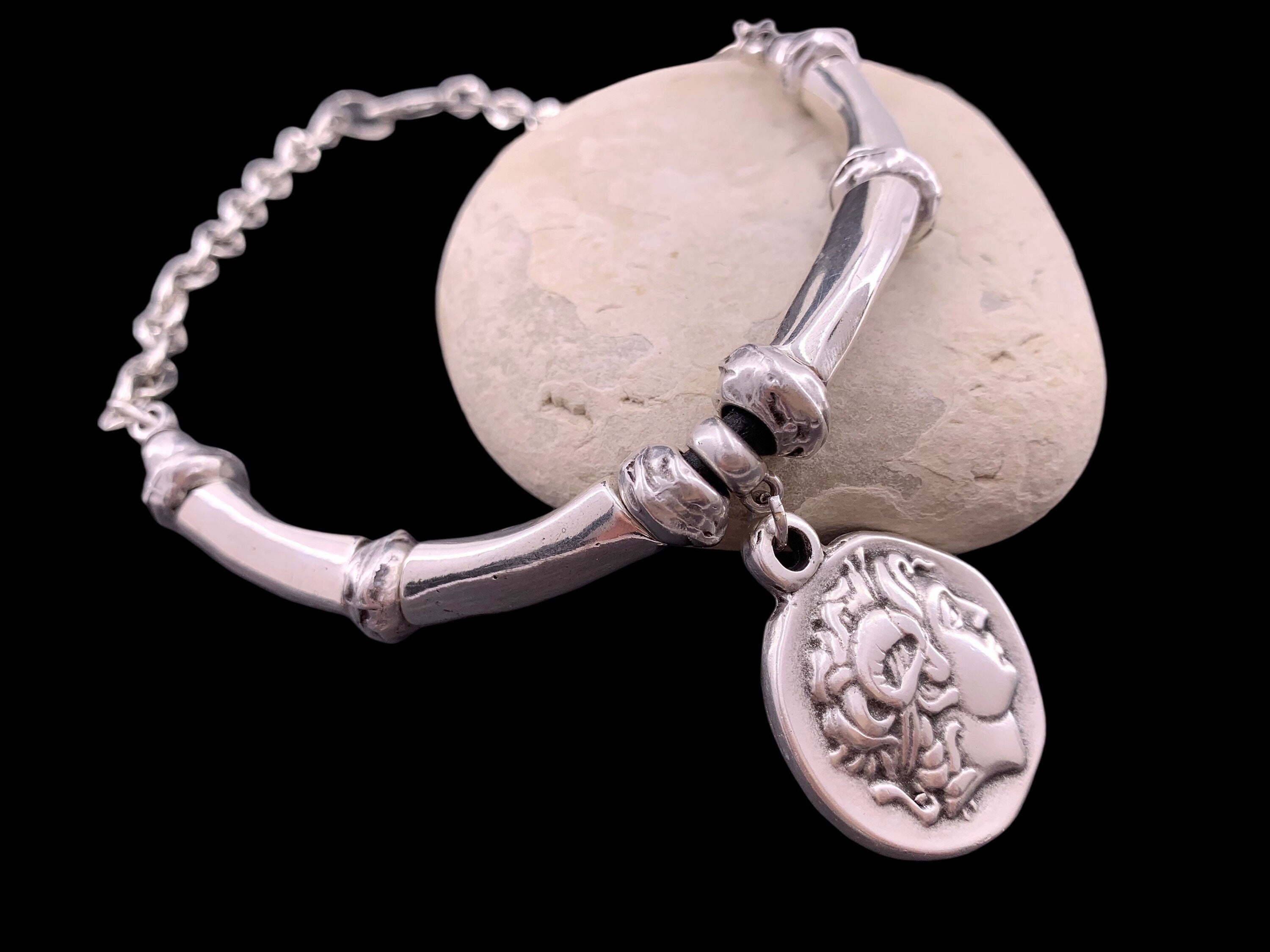 Greek coin pendant chunky silver heavy chain necklace, statement coin pendant chunky silver necklace, solid necklace, chunky necklace