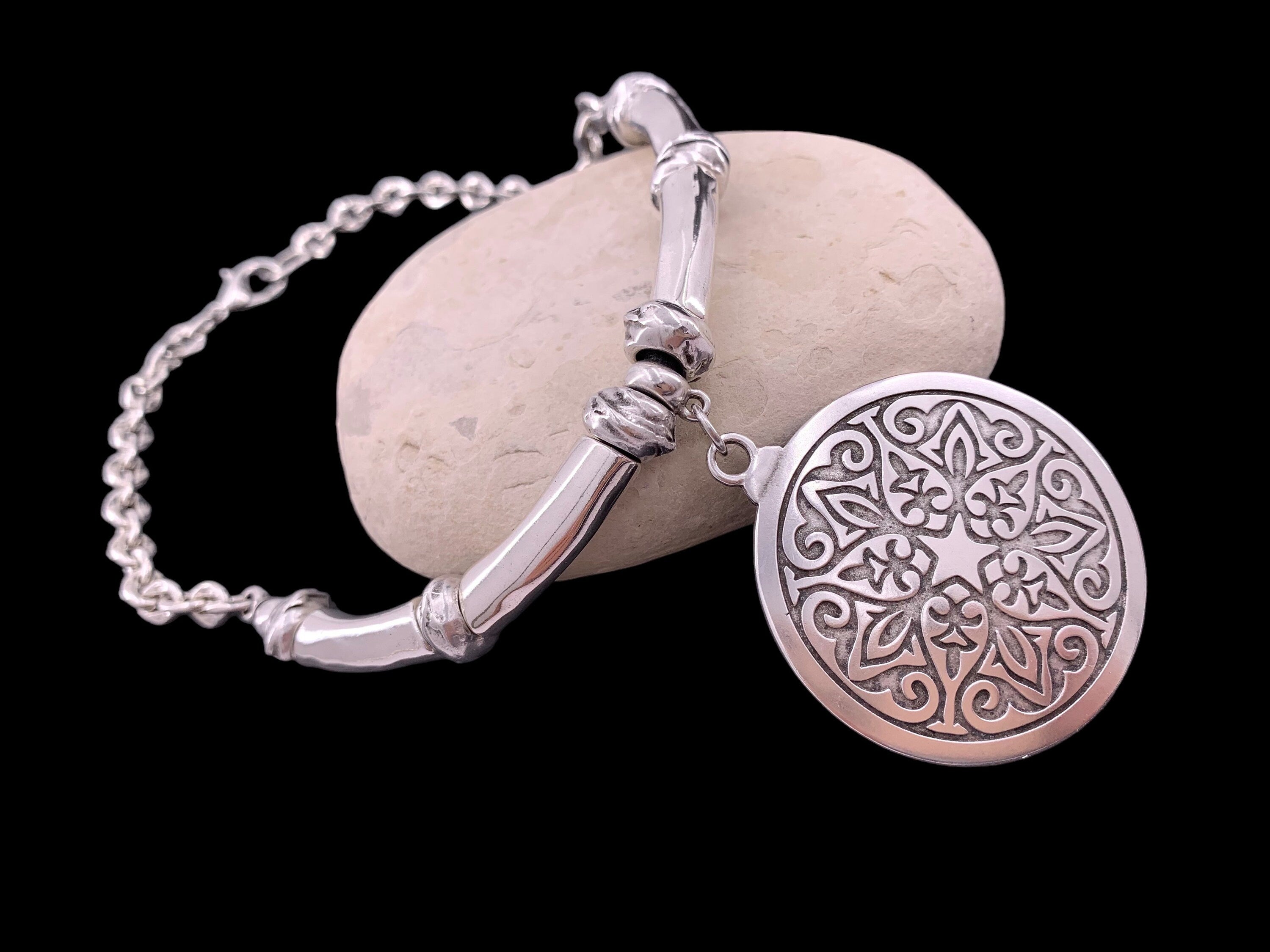 Chunky pendant necklace with big statement tribal circle, heavyweight necklace, voluminous necklace, bold silver chain necklace, gift