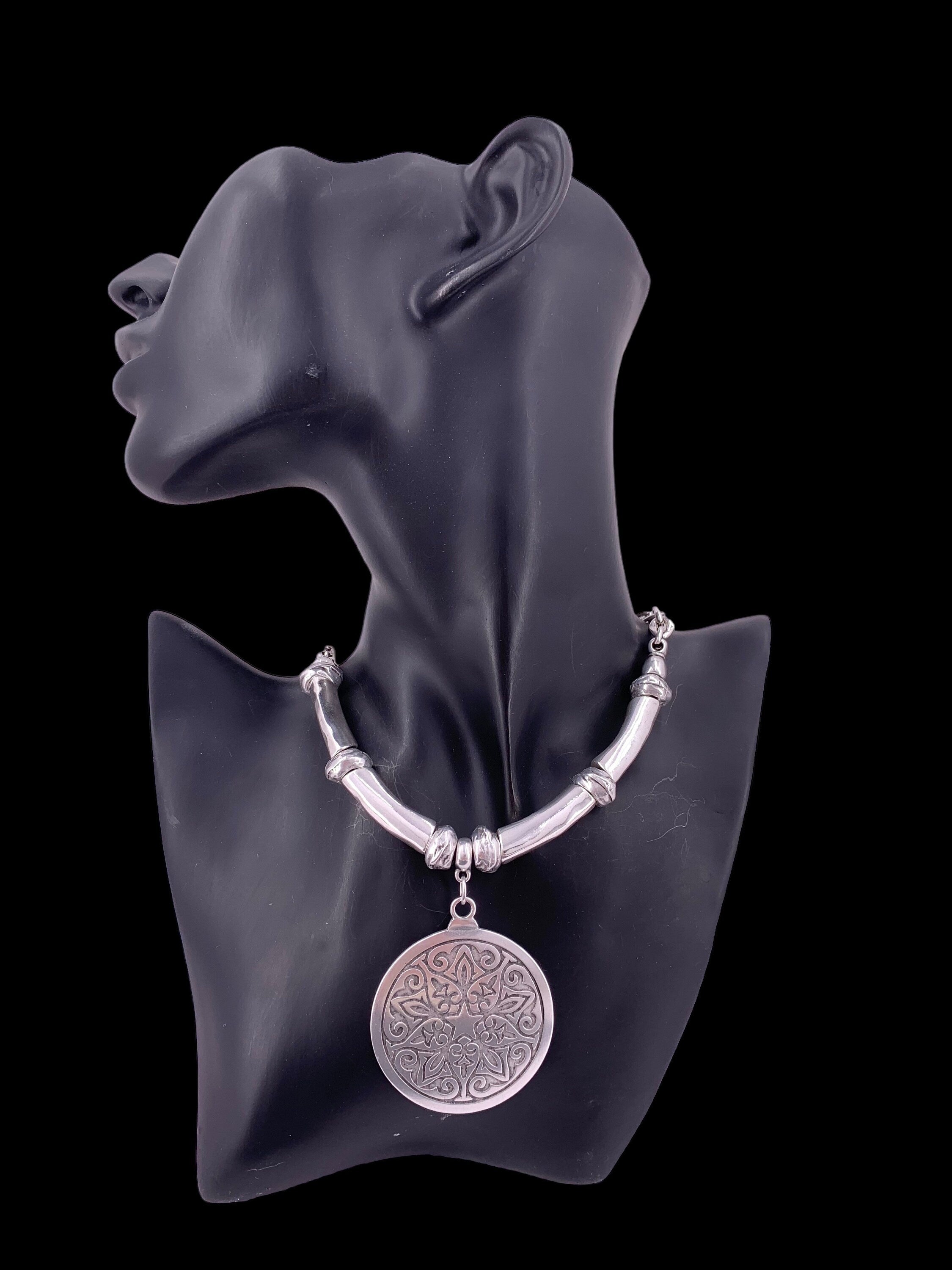Chunky pendant necklace with big statement tribal circle, heavyweight necklace, voluminous necklace, bold silver chain necklace, gift