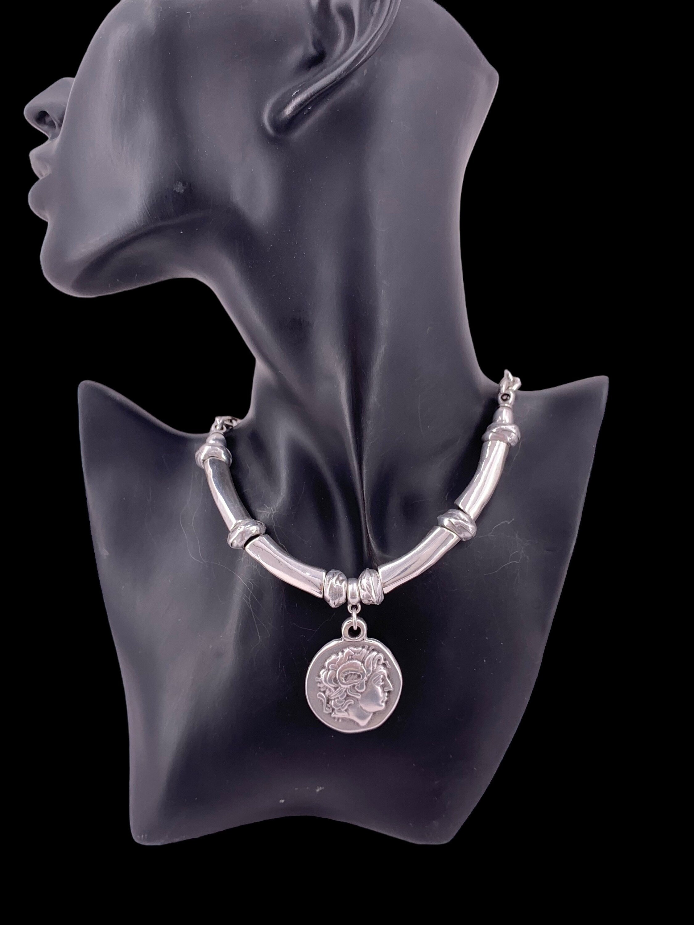 Greek coin pendant chunky silver heavy chain necklace, statement coin pendant chunky silver necklace, solid necklace, chunky necklace