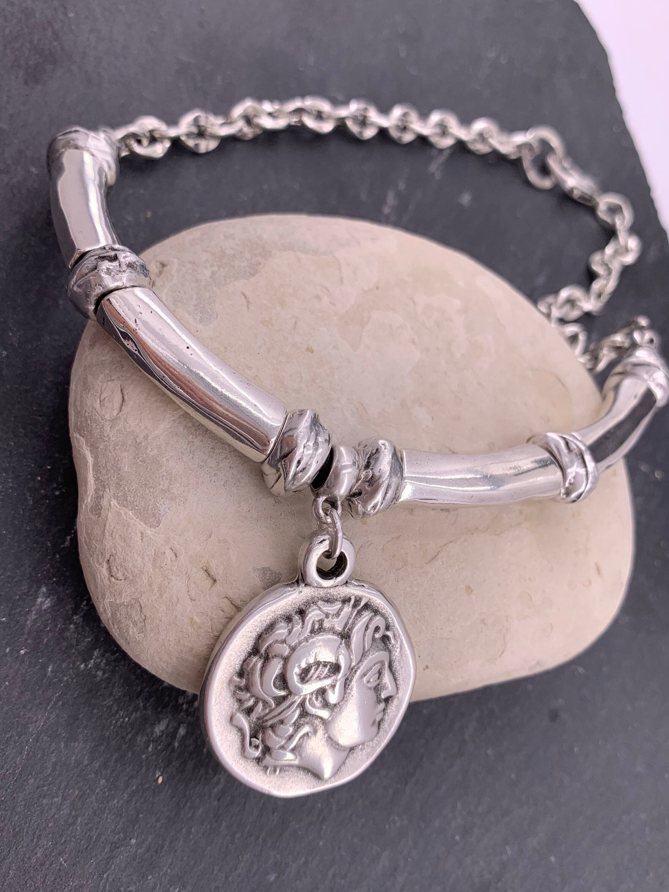 Greek coin pendant chunky silver heavy chain necklace, statement coin pendant chunky silver necklace, solid necklace, chunky necklace