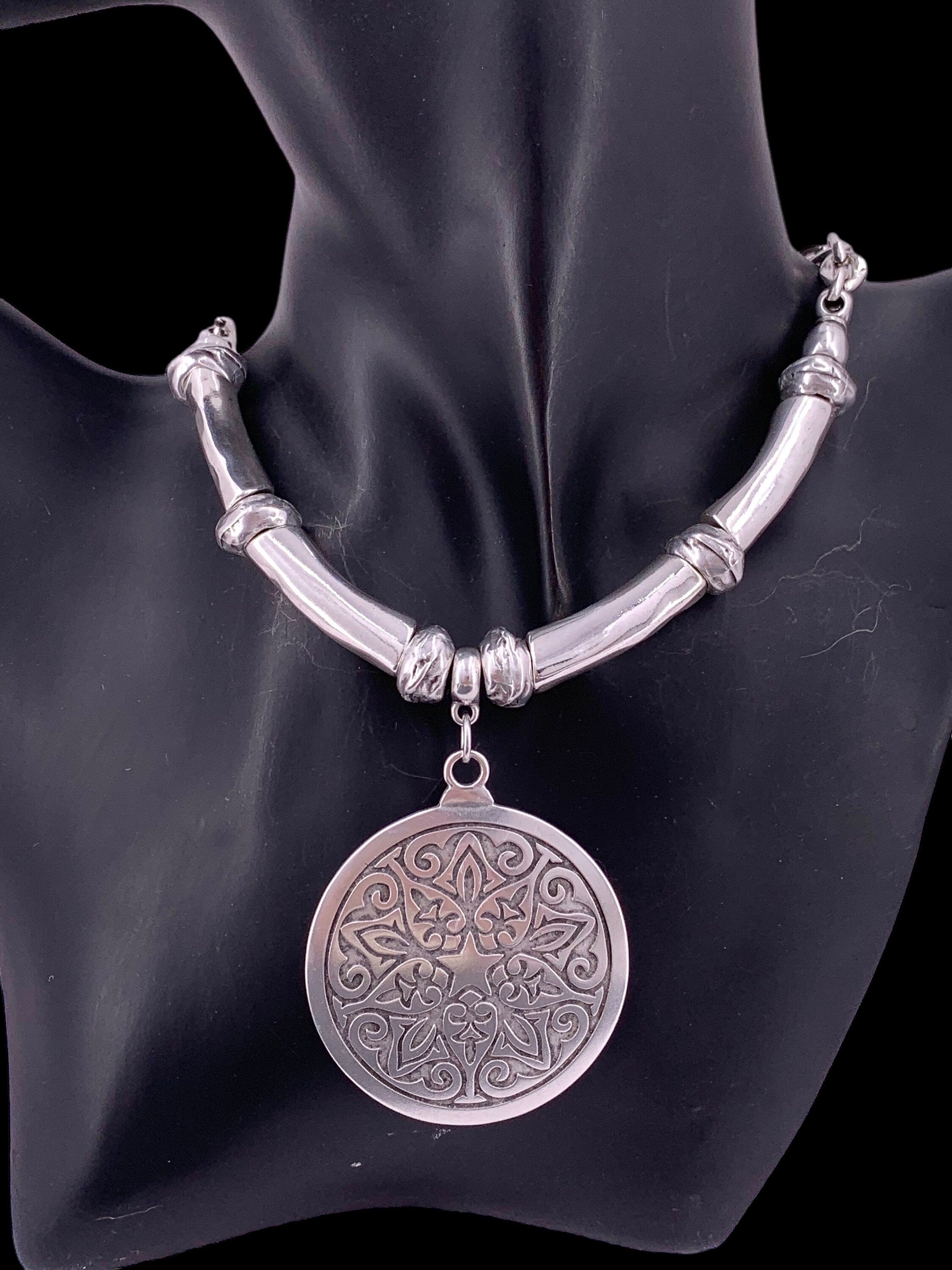 Chunky pendant necklace with big statement tribal circle, heavyweight necklace, voluminous necklace, bold silver chain necklace, gift