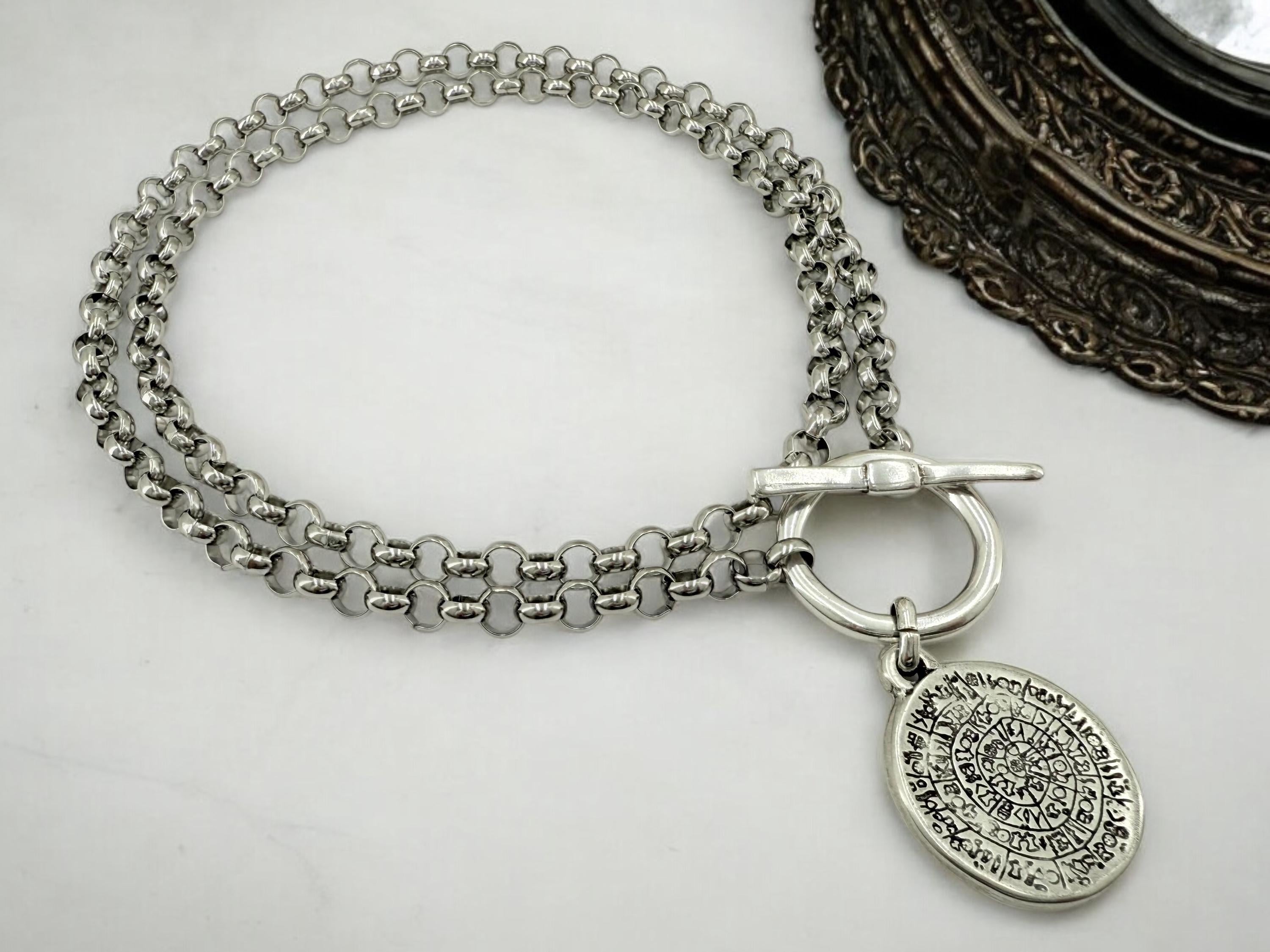 Layering dark silver chunky chain toggle necklace with statement antique coin pendant, multi strand choker, layered choker, black necklace,