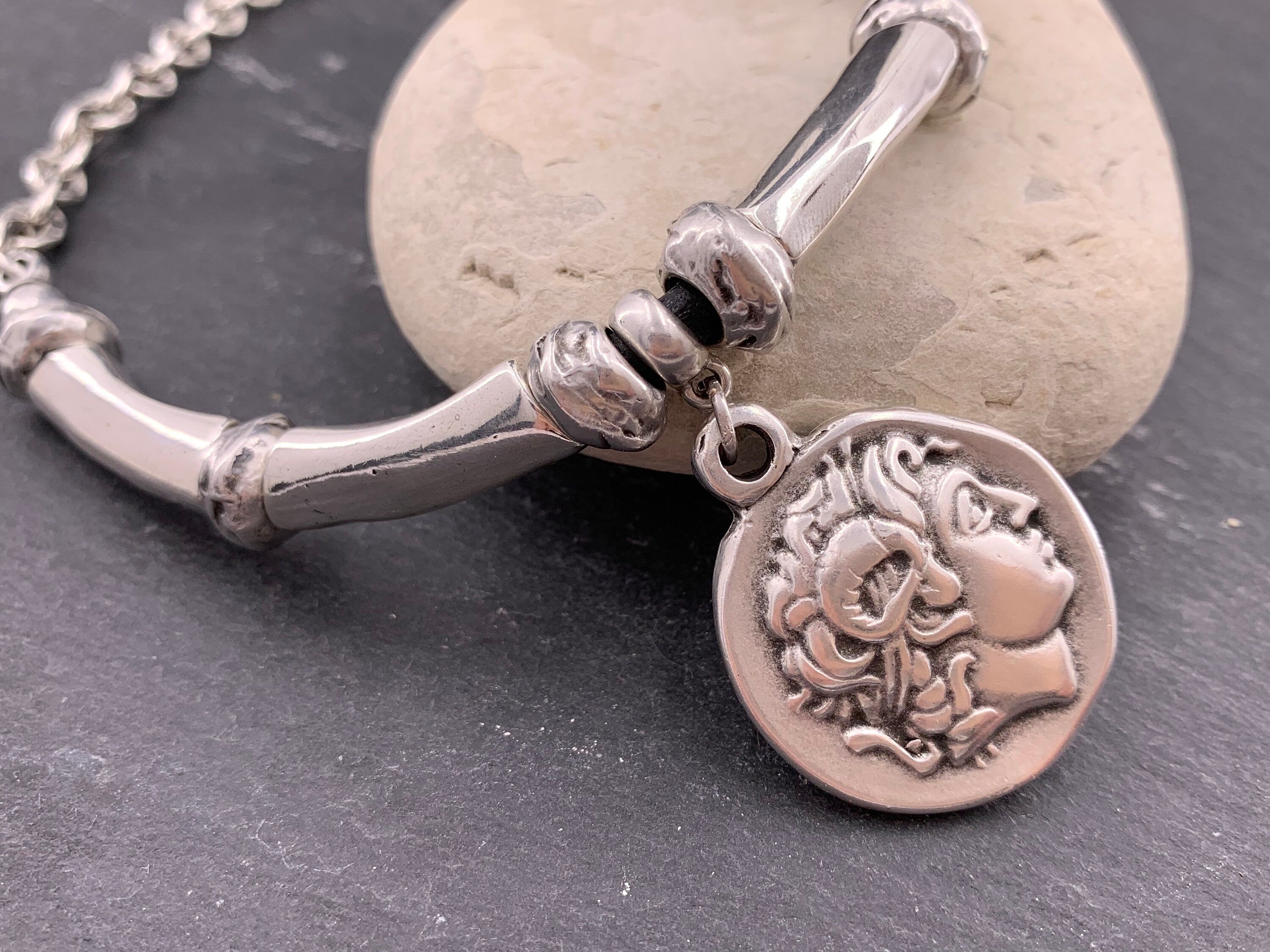 Greek coin pendant chunky silver heavy chain necklace, statement coin pendant chunky silver necklace, solid necklace, chunky necklace