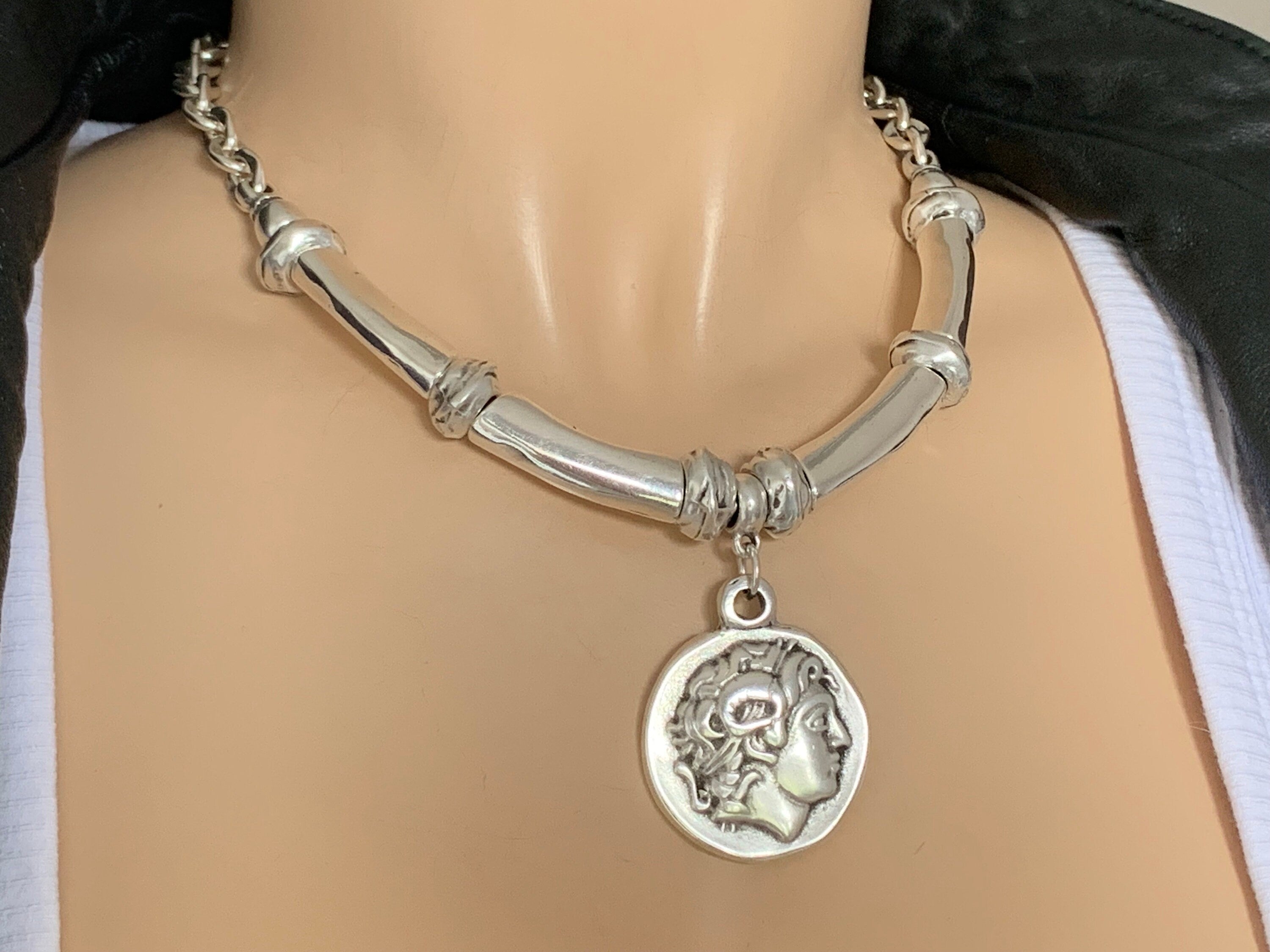 Greek coin pendant chunky silver heavy chain necklace, statement coin pendant chunky silver necklace, solid necklace, chunky necklace