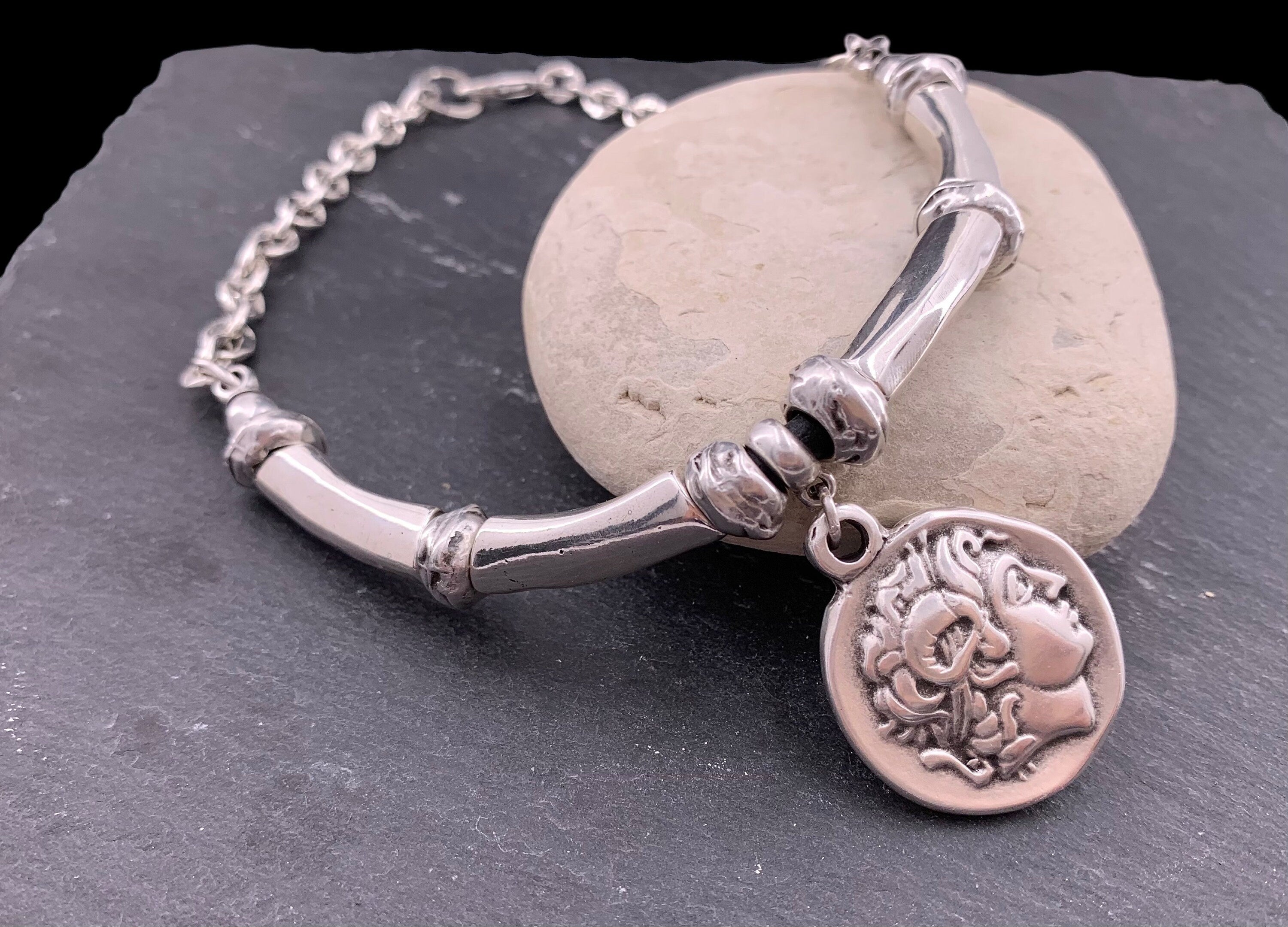 Greek coin pendant chunky silver heavy chain necklace, statement coin pendant chunky silver necklace, solid necklace, chunky necklace