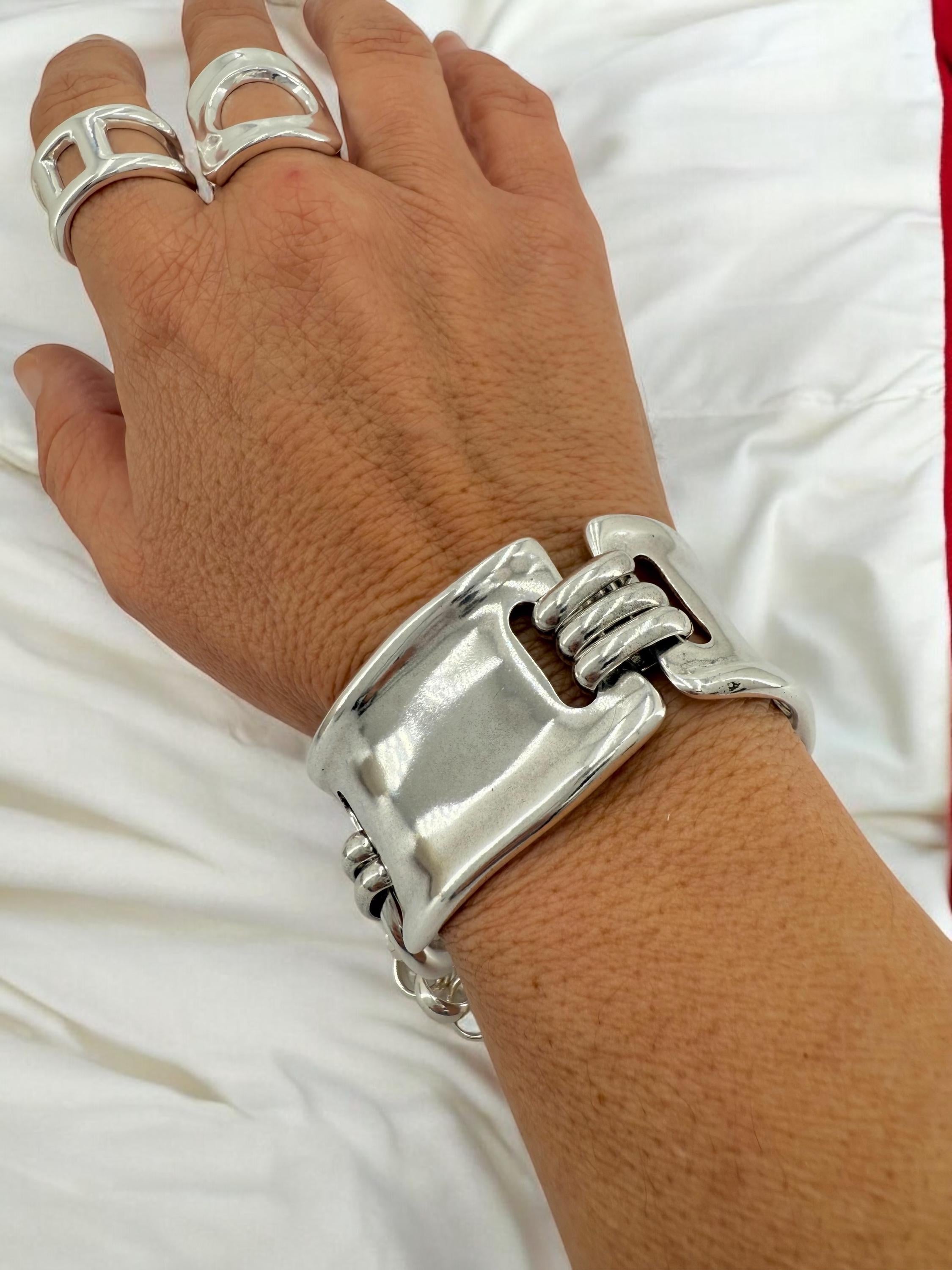 Chunky Silver Bracelet for Women – Handmade Cuff in Zamak with 10-Micron Silver Plating – Adjustable Industrial Style Statement Jewelry –
