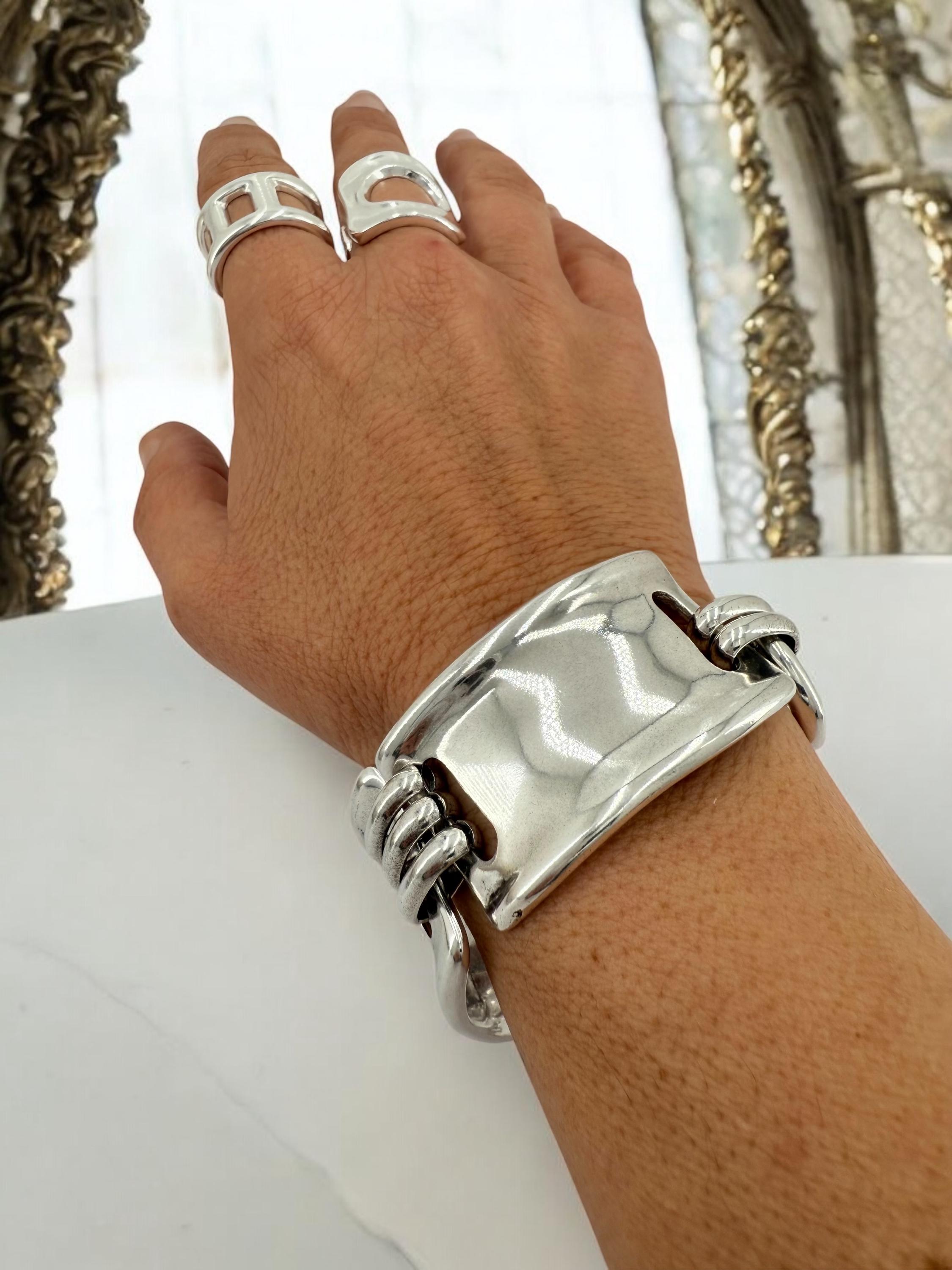 Chunky Silver Bracelet for Women – Handmade Cuff in Zamak with 10-Micron Silver Plating – Adjustable Industrial Style Statement Jewelry –