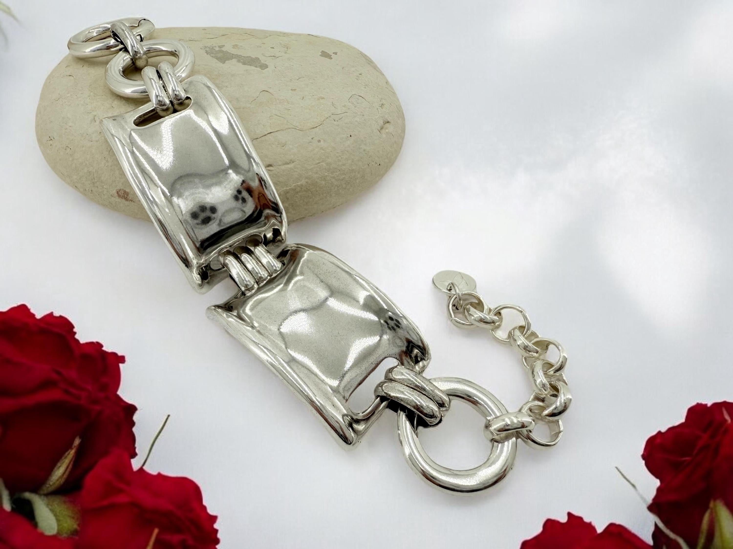 Chunky Silver Bracelet for Women – Handmade Cuff in Zamak with 10-Micron Silver Plating – Adjustable Industrial Style Statement Jewelry –