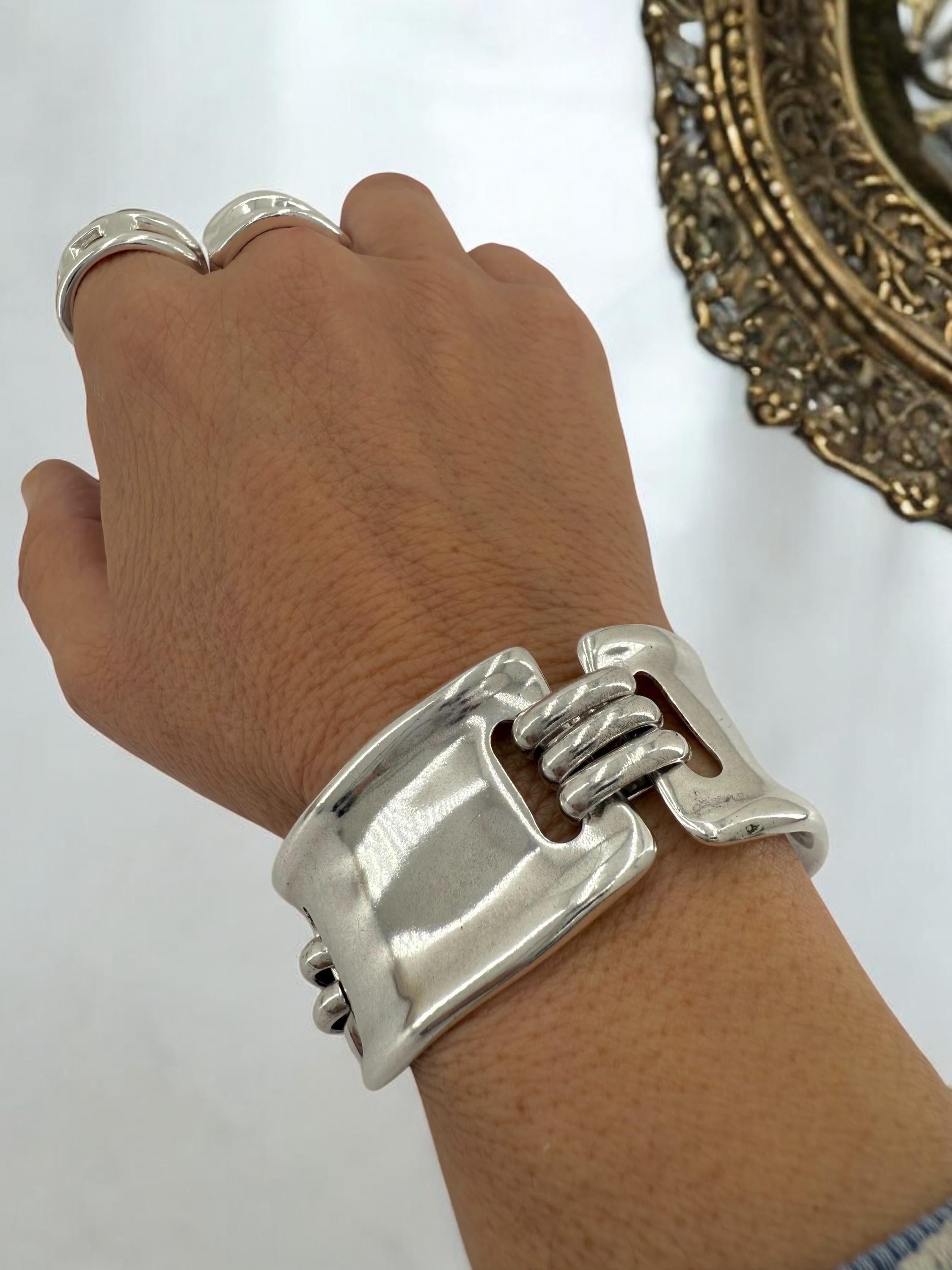 Chunky Silver Bracelet for Women – Handmade Cuff in Zamak with 10-Micron Silver Plating – Adjustable Industrial Style Statement Jewelry –