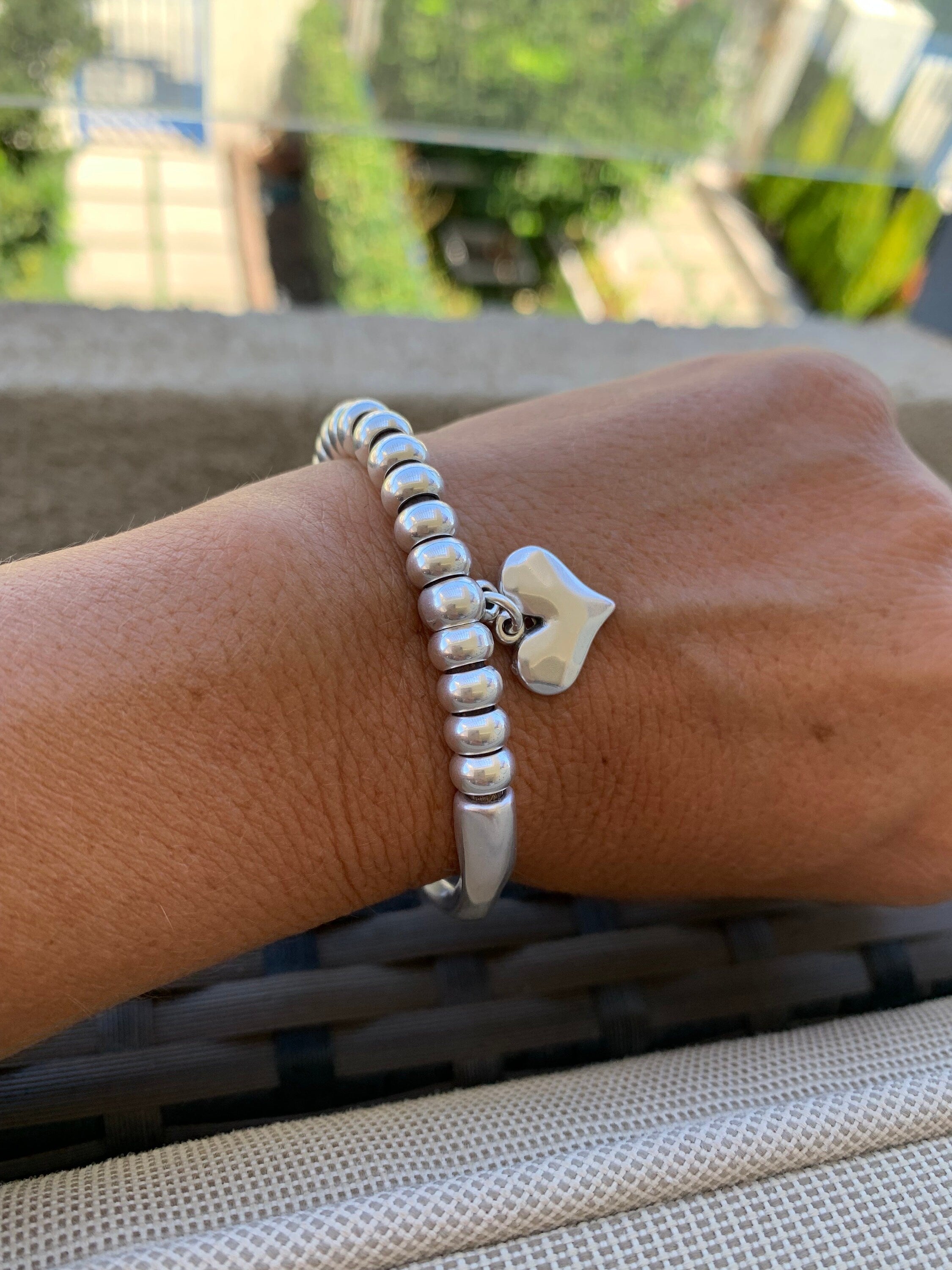 heart pendant bracelet, silver cuff bracelet, beaded bracelet, bohemian bracelet, chunky silver bracelet, statement silver bracelet, gift