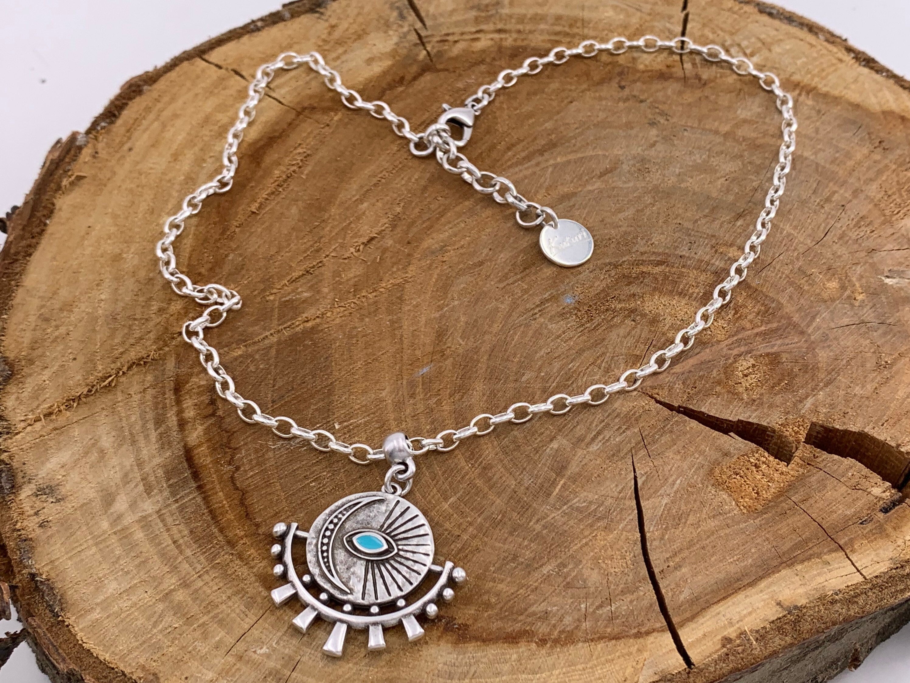 Boho Silver chain necklace for women, protecting eye pendant necklace, tribal necklace, bohemian jewelry, silver chain,  ,