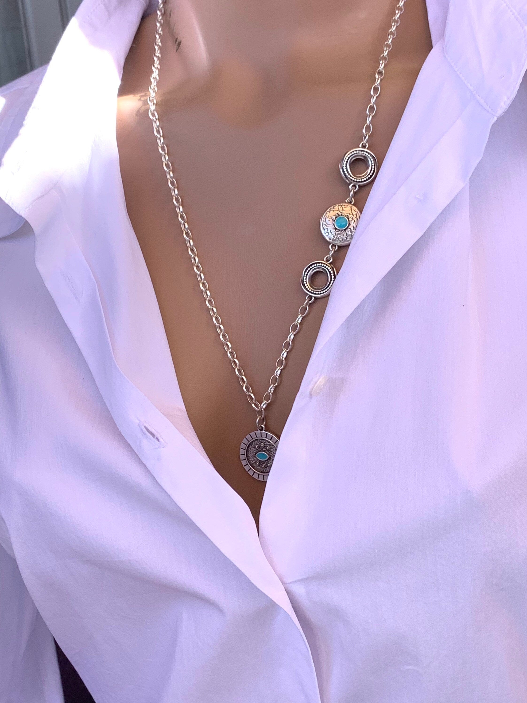 Boho Silver chain necklace with enameled decoration and lobster clasp, tribal necklace, chain necklace, 1 de 50 style, statement necklace