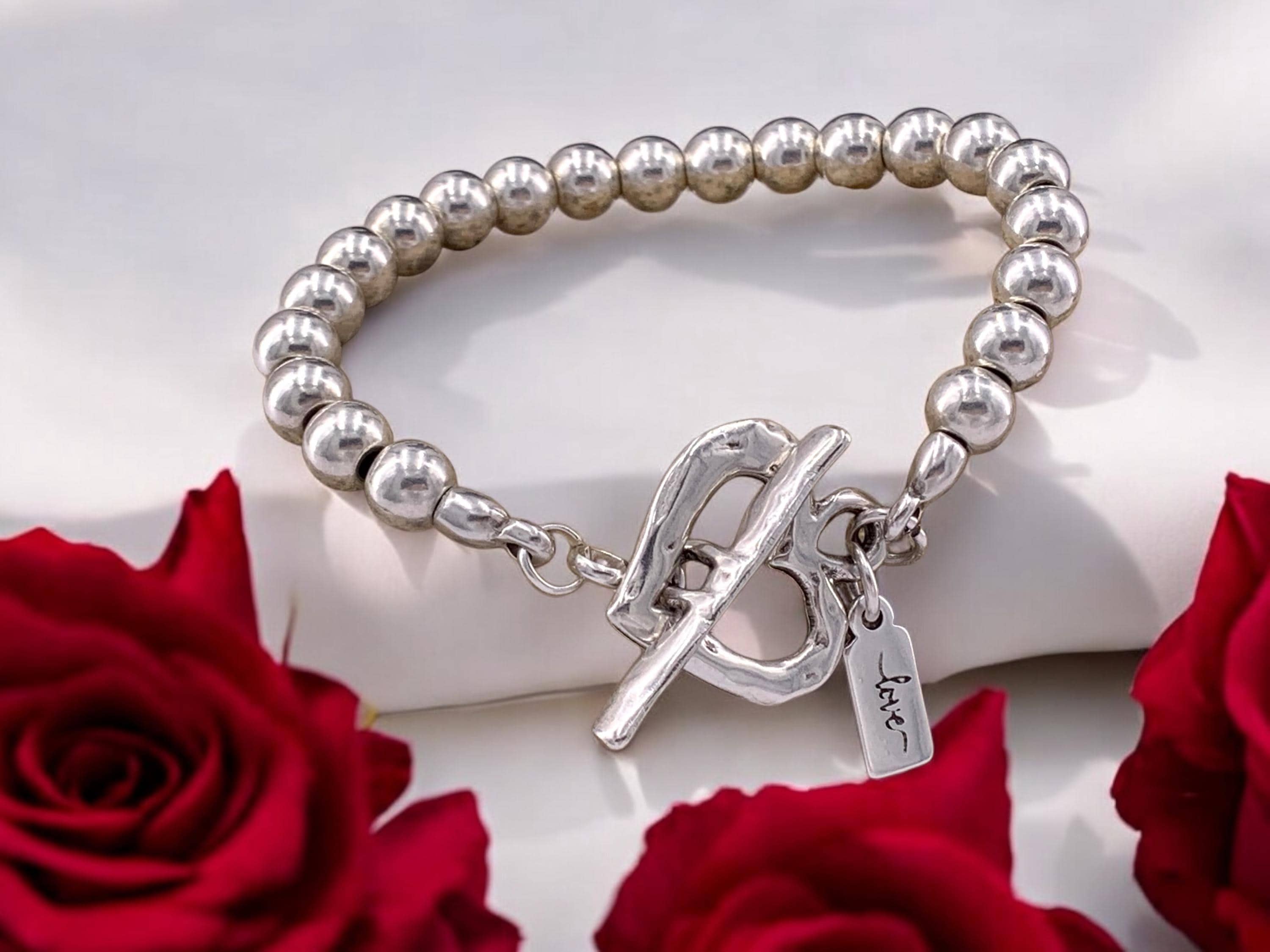 Pulsera de cuentas gruesas de plata con cierre de palanca en forma de corazón, un regalo ideal para San Valentín, pulsera estilo uno de 50
