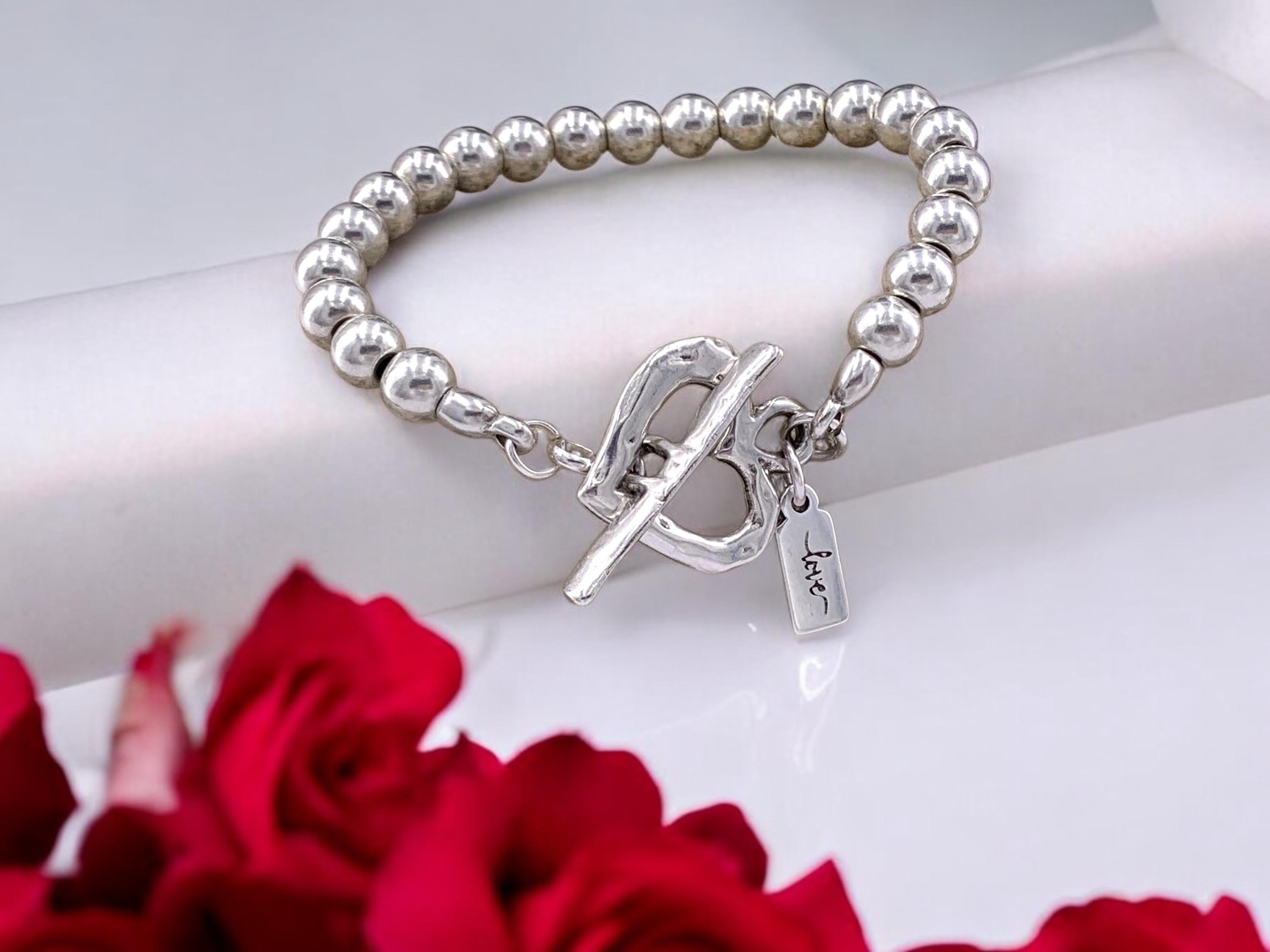 Chunky Silver Beaded Bracelet with Heart Toggle Clasp – Valentine’s Day Gift – Handmade Kukuri Jewelry