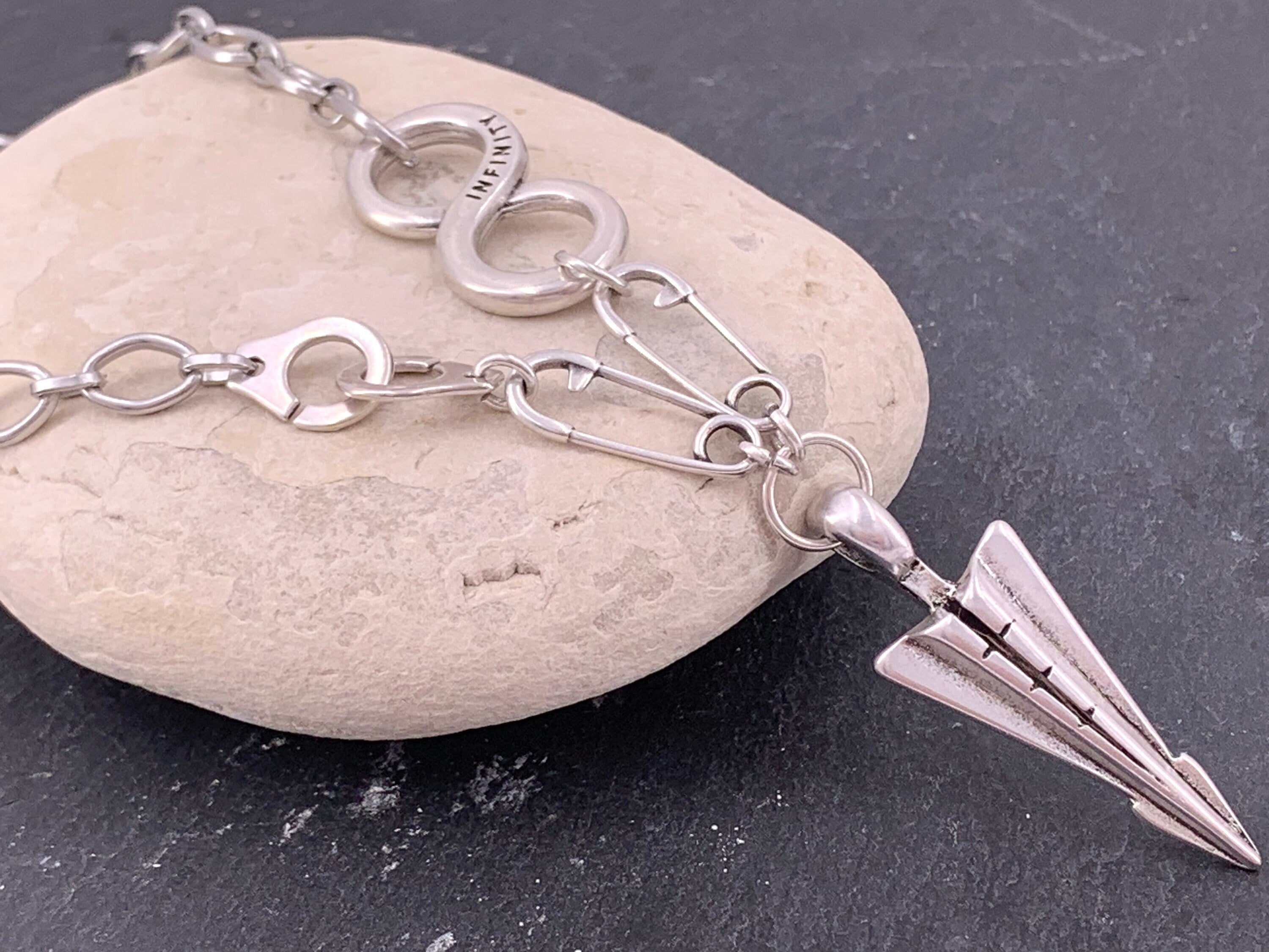 Arrowhead pendant necklace, infinity silver necklace, safety pin original modem design silver pendant necklace, unisex chunky necklace