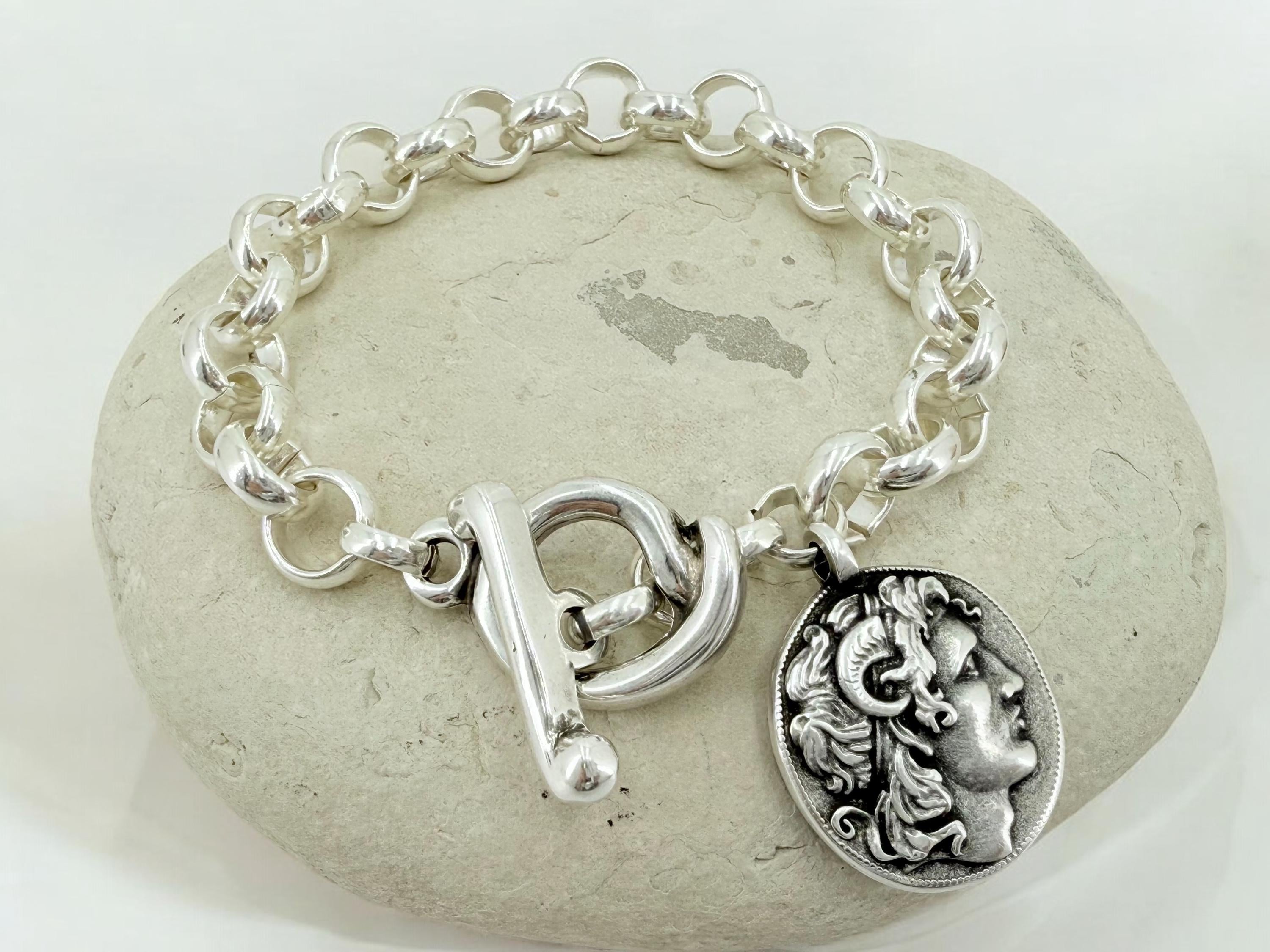 Greek coin pendant chunky chain silver bracelet, gift for women, dangle coin bracelet, toggle bracelet, Alexander the great coin bracelet,
