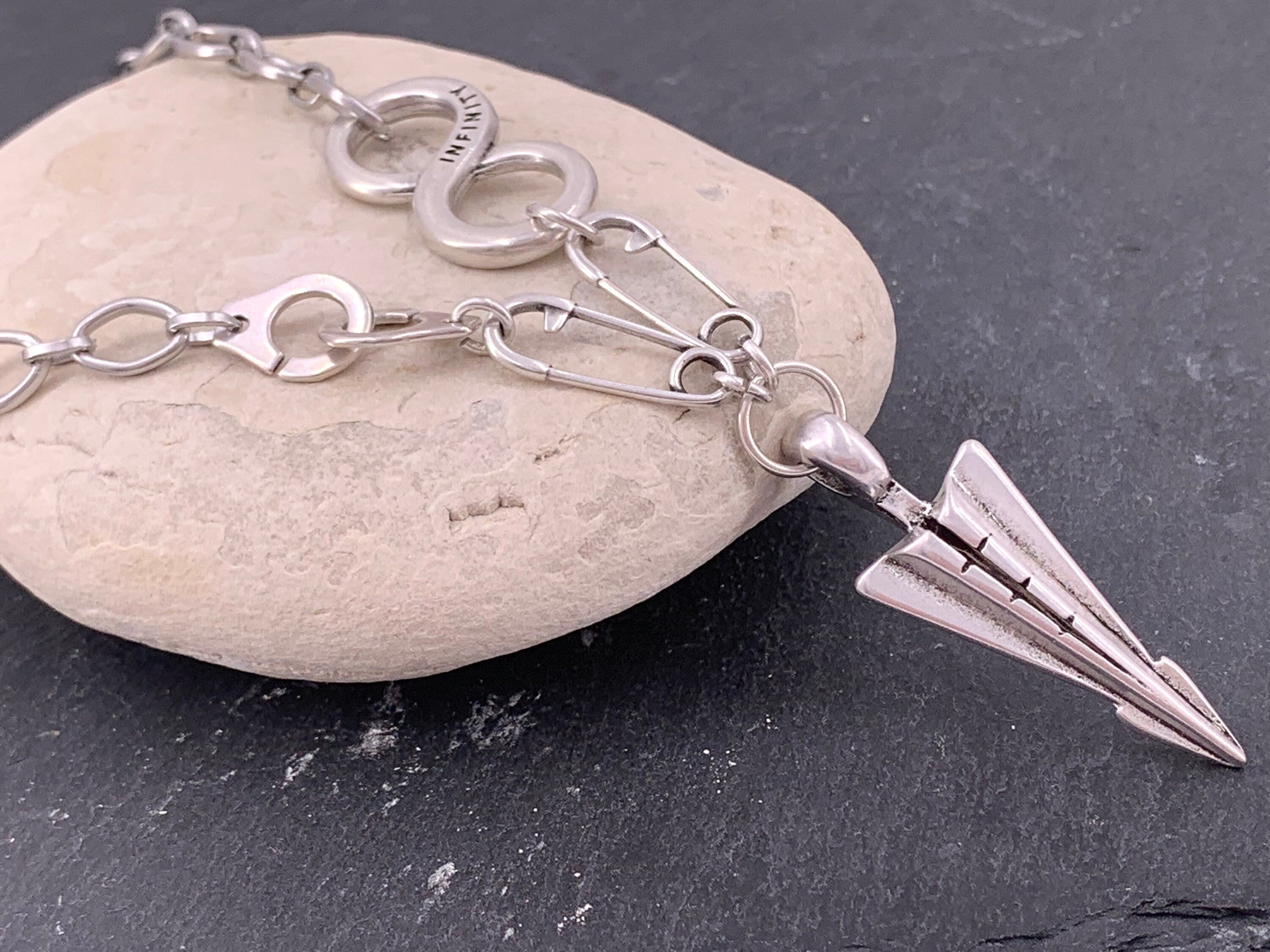 Arrowhead pendant necklace, infinity silver necklace, safety pin original modem design silver pendant necklace, unisex chunky necklace