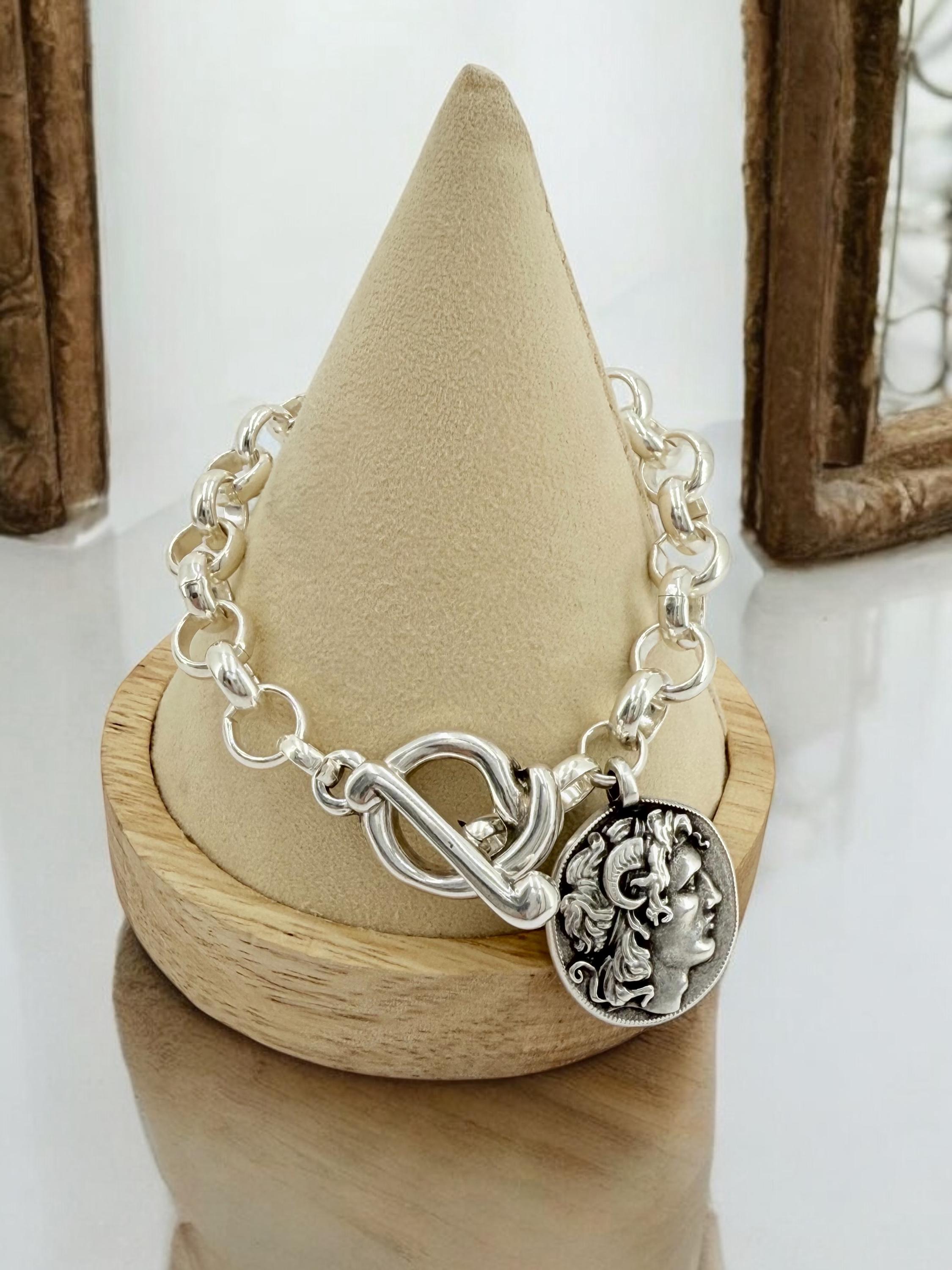 Greek coin pendant chunky chain silver bracelet, gift for women, dangle coin bracelet, toggle bracelet, Alexander the great coin bracelet,