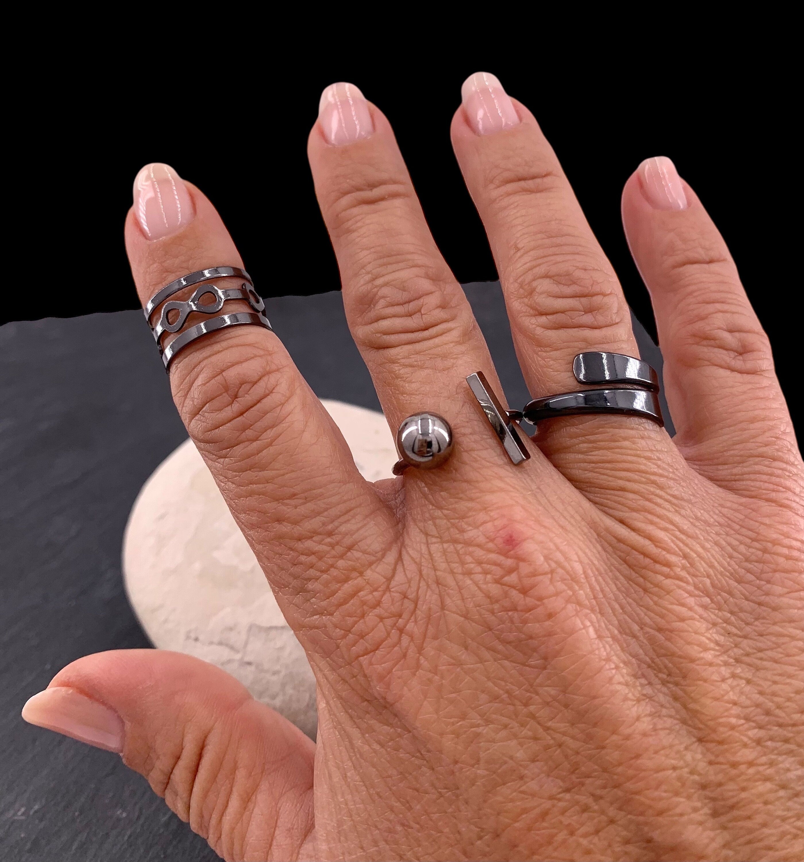 Set of 3 black rings, gun metal ring, black jewelry, rock ring, stackable ring, original gift, punk ring, open band black ring, unisex ring