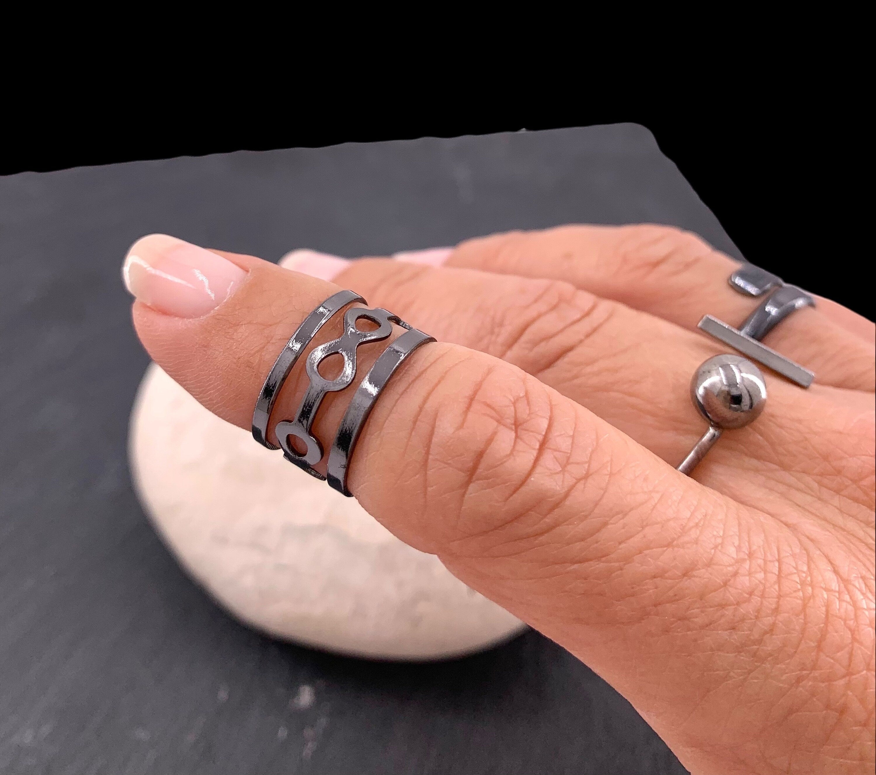 Set of 3 black rings, gun metal ring, black jewelry, rock ring, stackable ring, original gift, punk ring, open band black ring, unisex ring