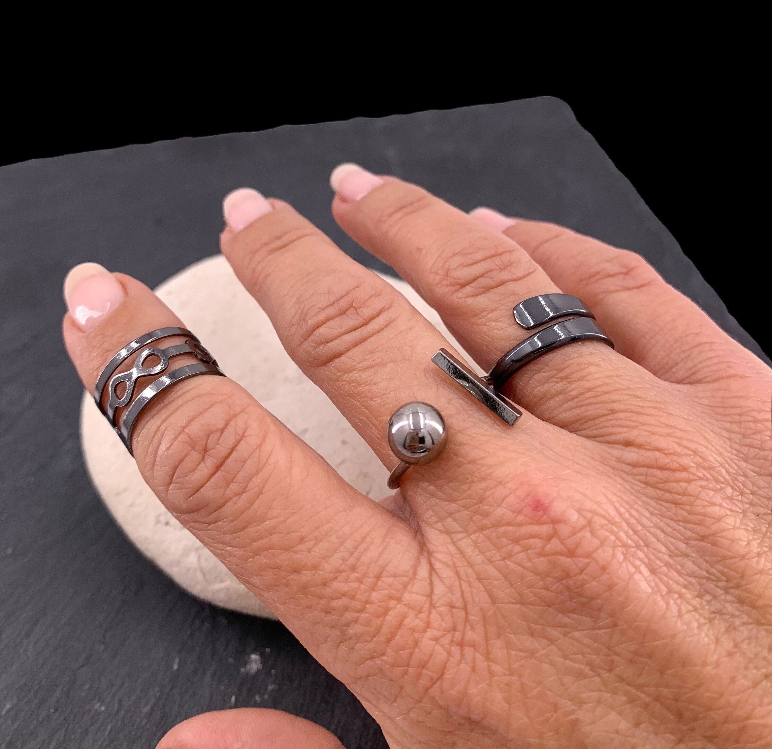 Black ring, gun metal asimetrical bar and ball ring, black jewelry, rock ring, geometric ring, original gift, punk ring