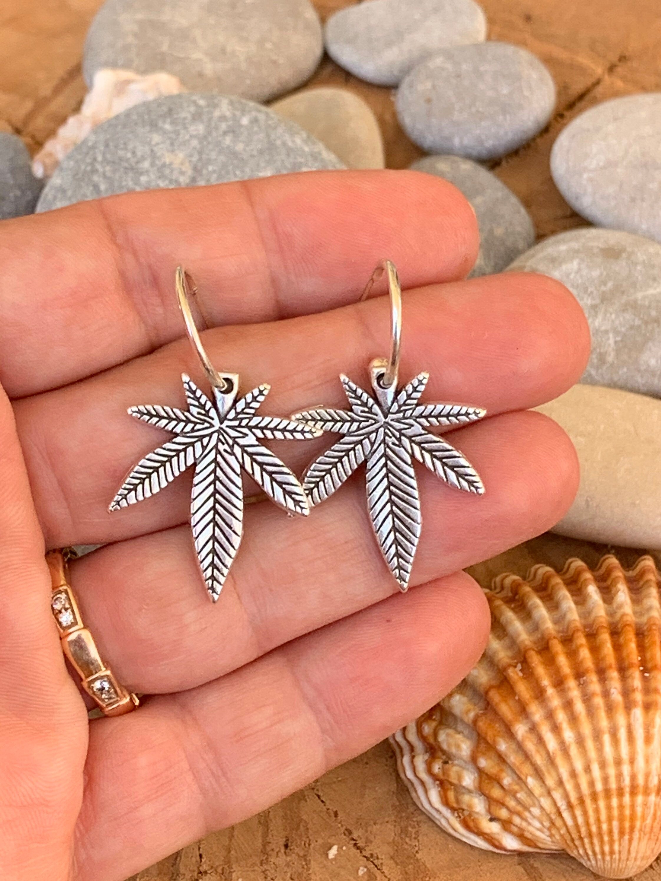 Bohemian silver earrings with dangle marijuana leaf, hippie earrings, tribal earrings, gift for sister,