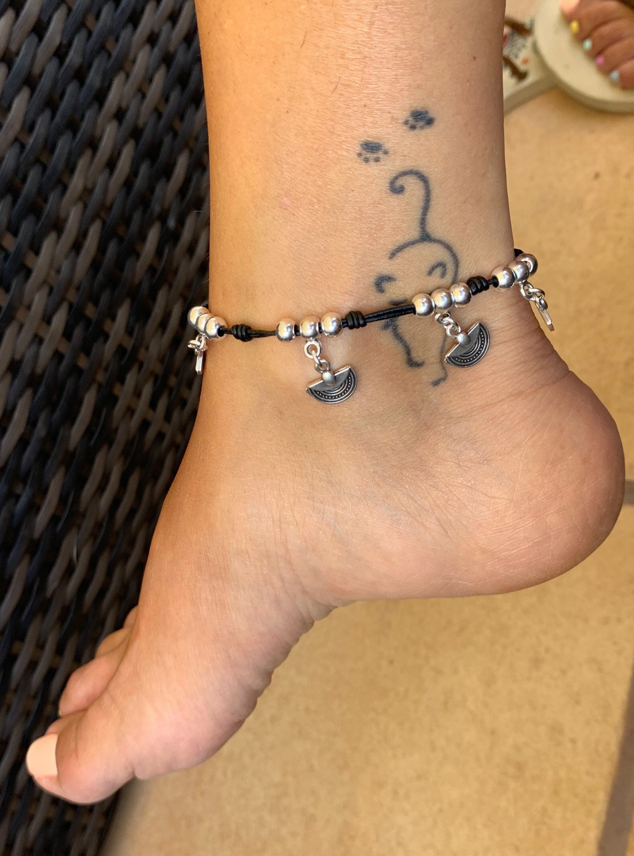 Leather ankle bracelet, bohemian anklet, summer anklet, charms anklet, bohemian anklet, tribal anklet, silver beaded anklet, gift for her