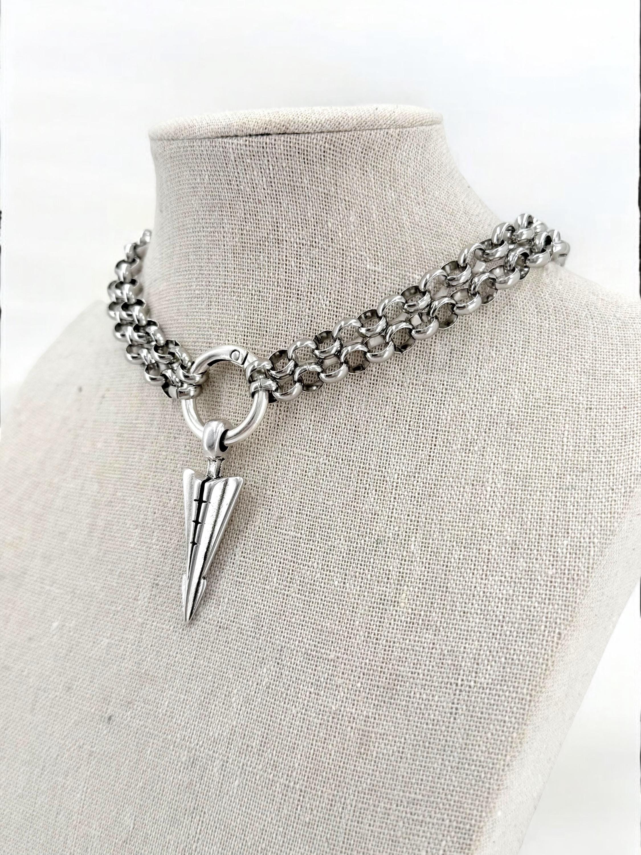 Black silver doble strand chain choker, rock style choker, arrowhead pendant silver men choker, antique silver stainless steel unisex choker