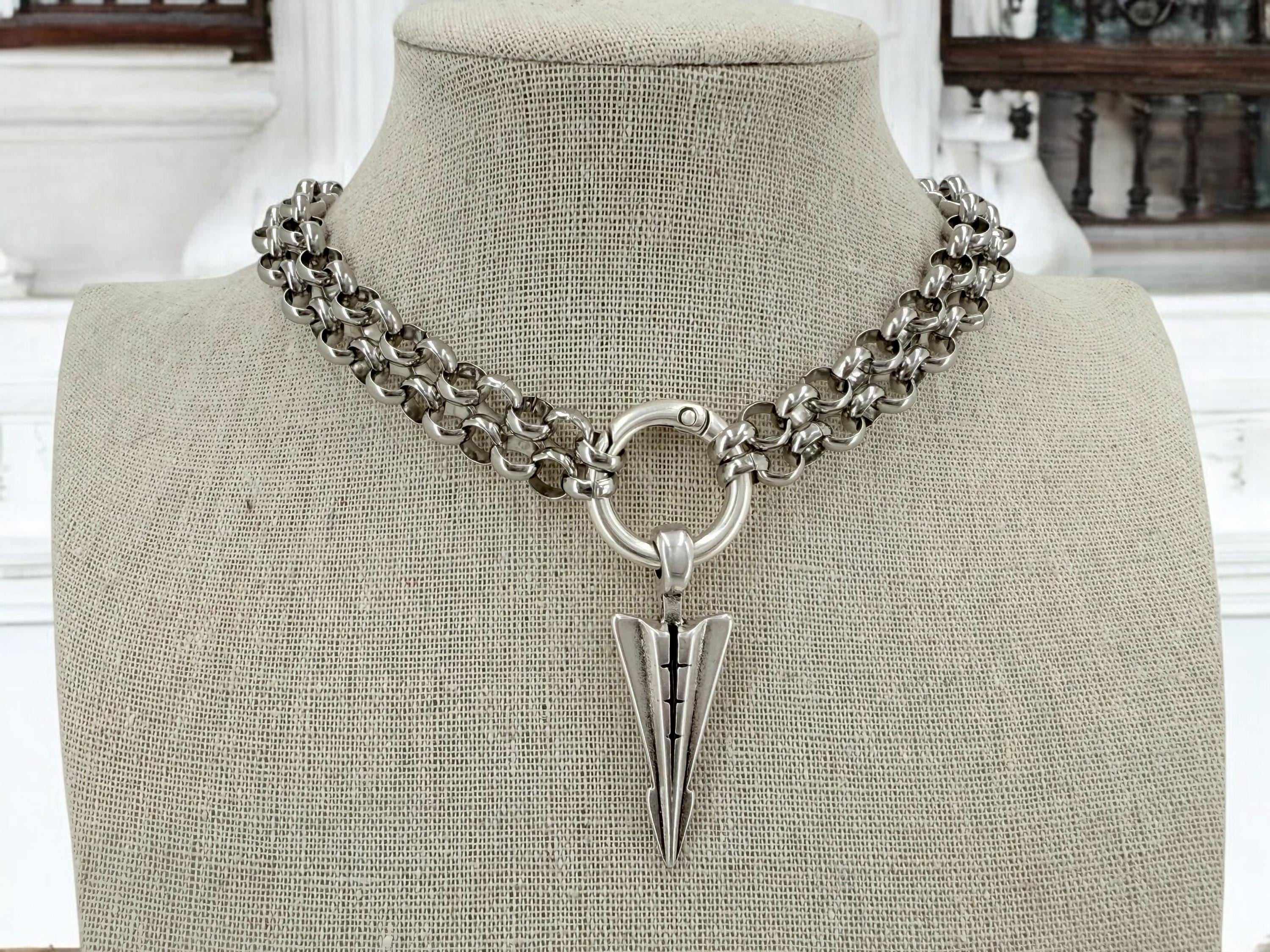 Black silver doble strand chain choker, rock style choker, arrowhead pendant silver men choker, antique silver stainless steel unisex choker