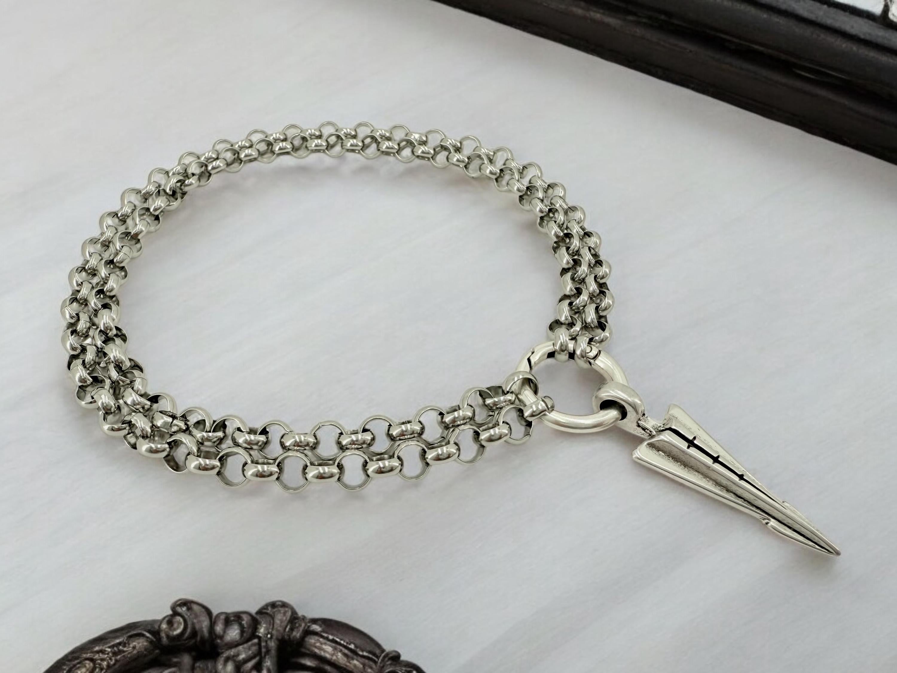 Black silver doble strand chain choker, rock style choker, arrowhead pendant silver men choker, antique silver stainless steel unisex choker