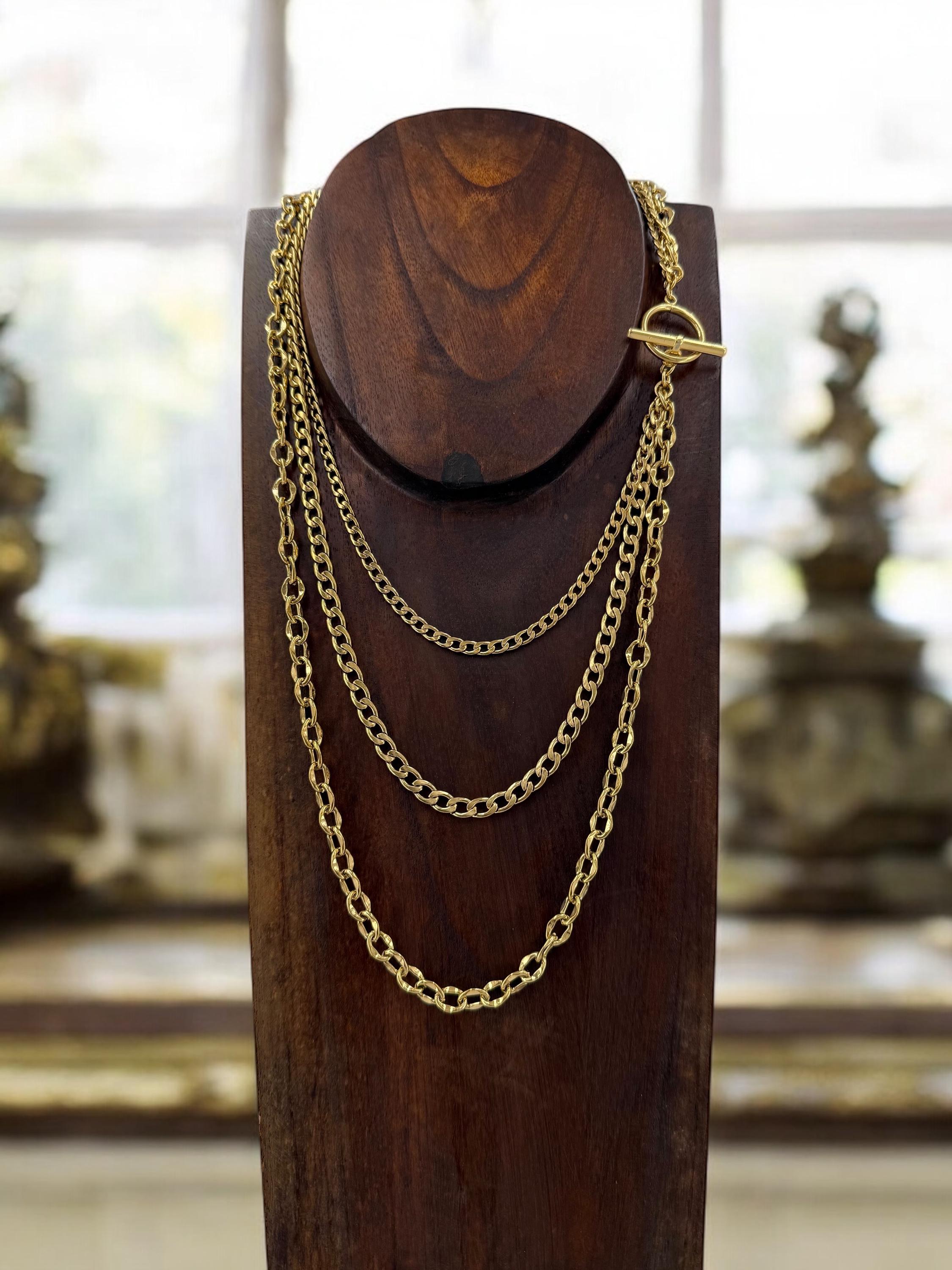 gold chunky chain layering long necklace, Layering gold chain necklace with toggle clasp, chunky necklace,  multi strand gold chain necklace