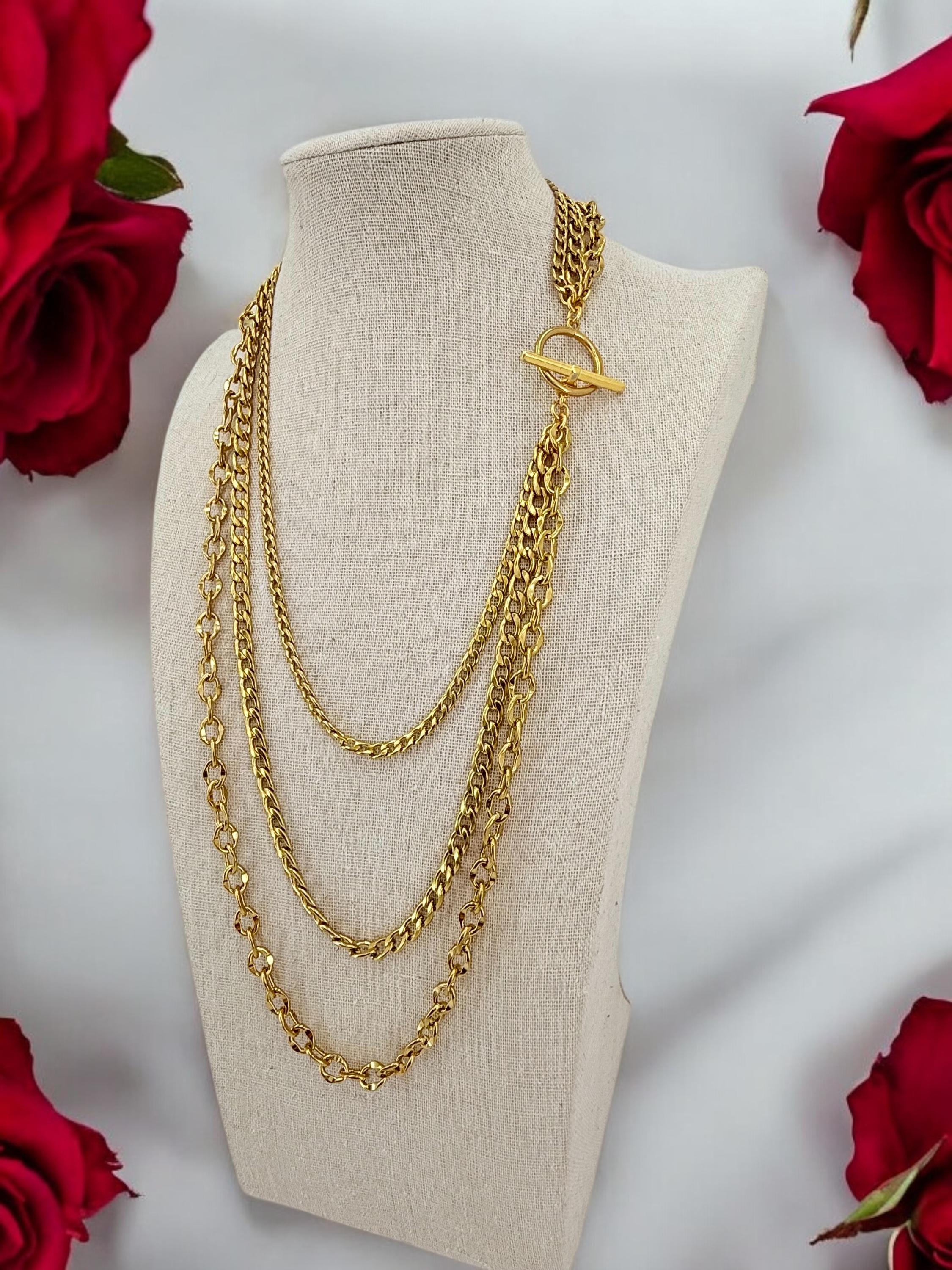 gold chunky chain layering long necklace, Layering gold chain necklace with toggle clasp, chunky necklace,  multi strand gold chain necklace