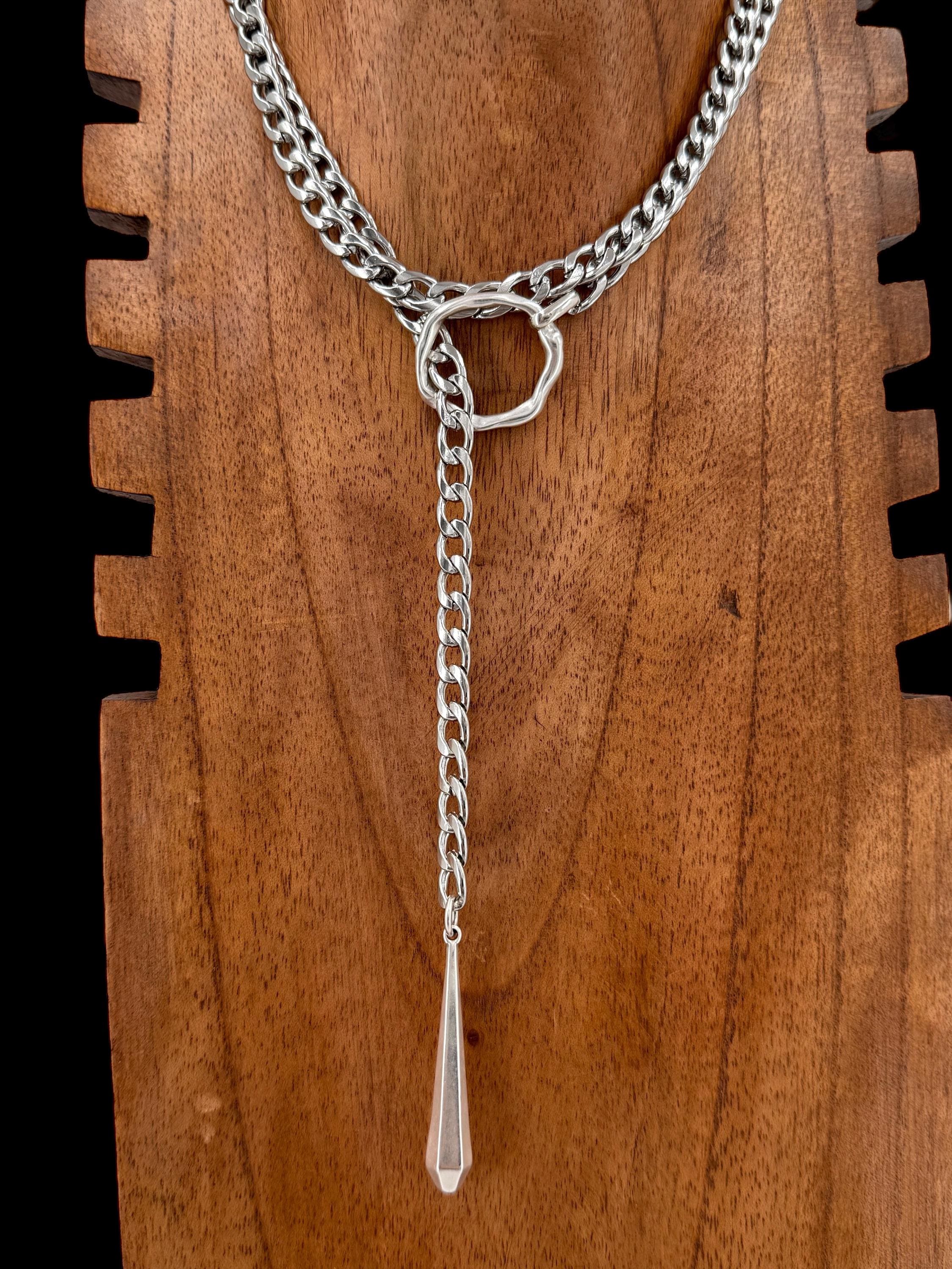 Silver antique adjustable chain wrap Y necklace,  chunky chain silver lariat necklace, teardrop pendant layering necklace, uno de 50 style