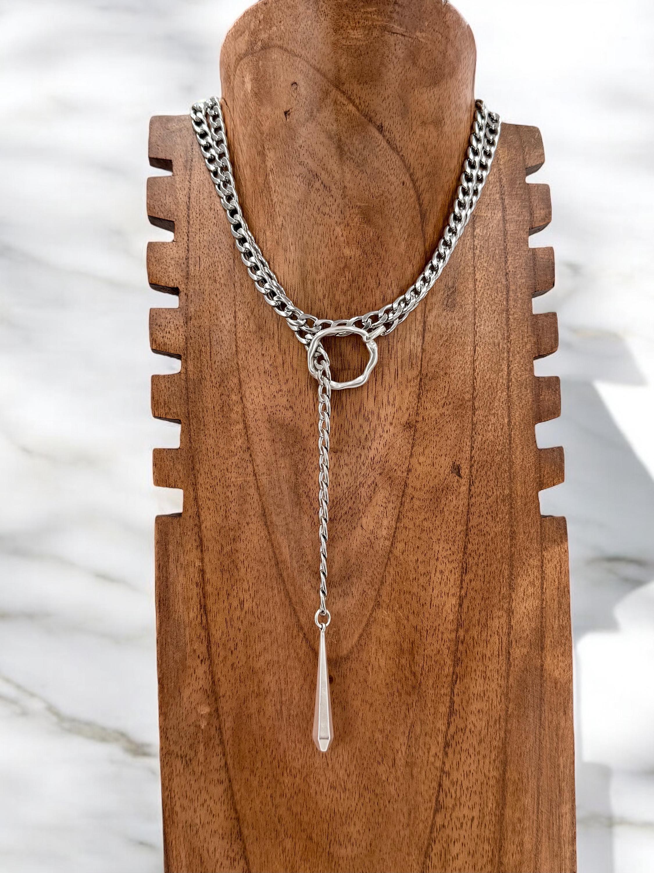 Silver antique adjustable chain wrap Y necklace,  chunky chain silver lariat necklace, teardrop pendant layering necklace, uno de 50 style